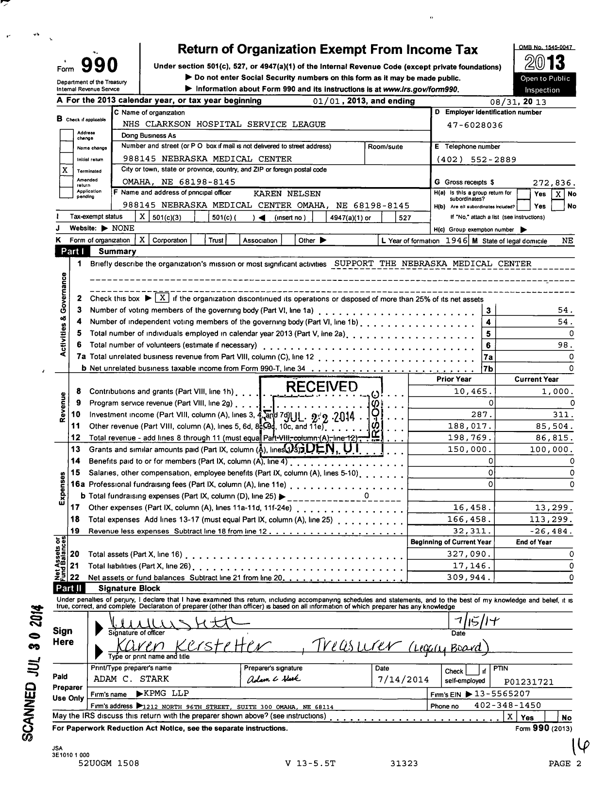 Image of first page of 2012 Form 990 for NHS Clarkson Hospital Services League