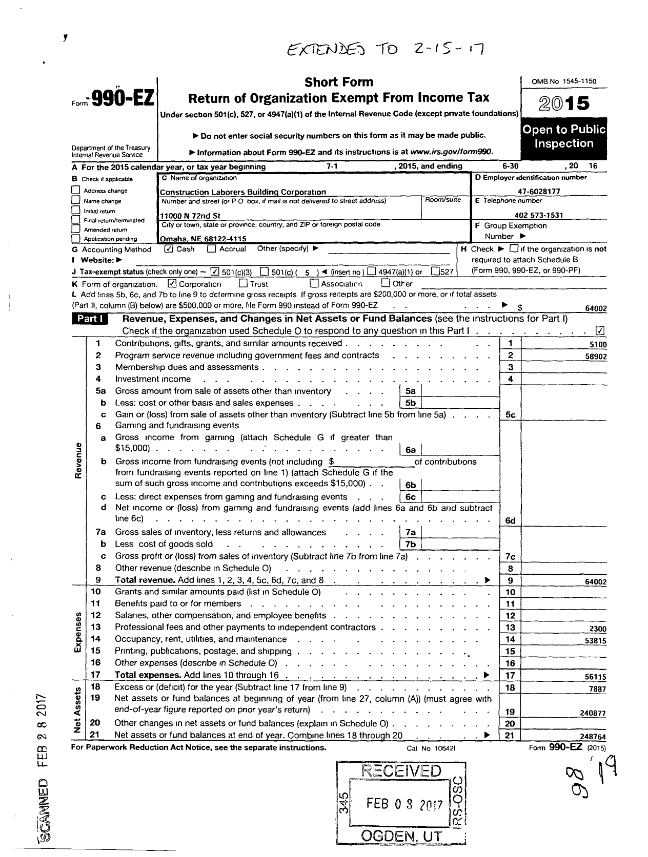 Image of first page of 2015 Form 990EZ for Construction Laborers Building Corporation