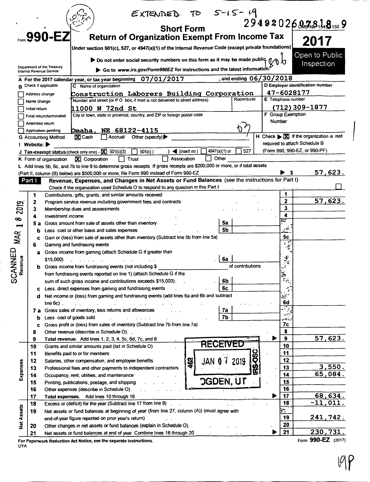 Image of first page of 2017 Form 990EZ for Construction Laborers Building Corporation