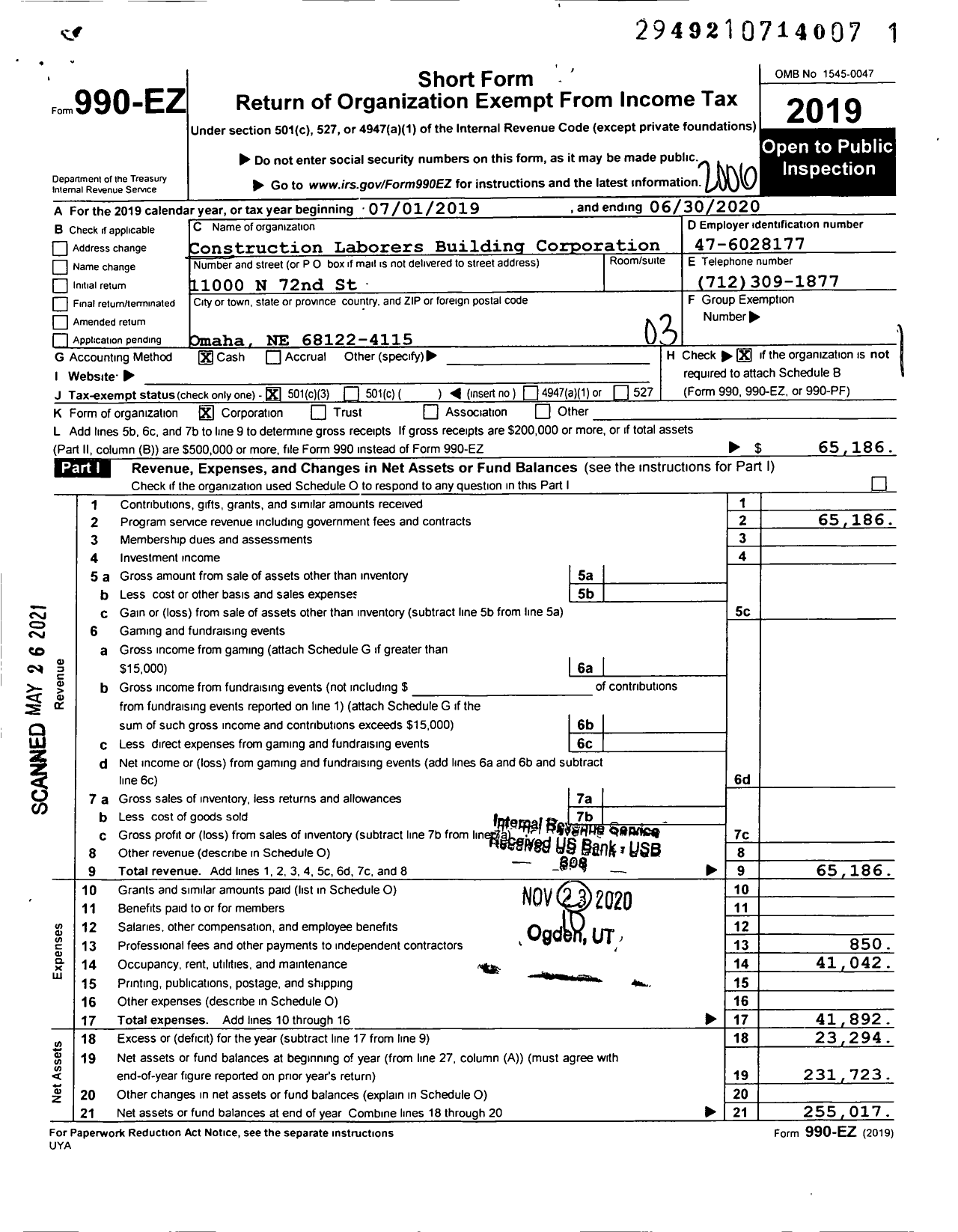 Image of first page of 2019 Form 990EZ for Construction Laborers Building Corporation