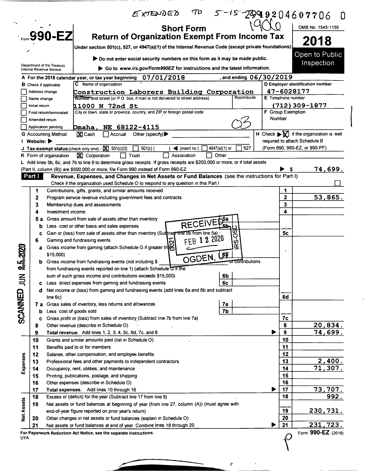 Image of first page of 2018 Form 990EZ for Construction Laborers Building Corporation