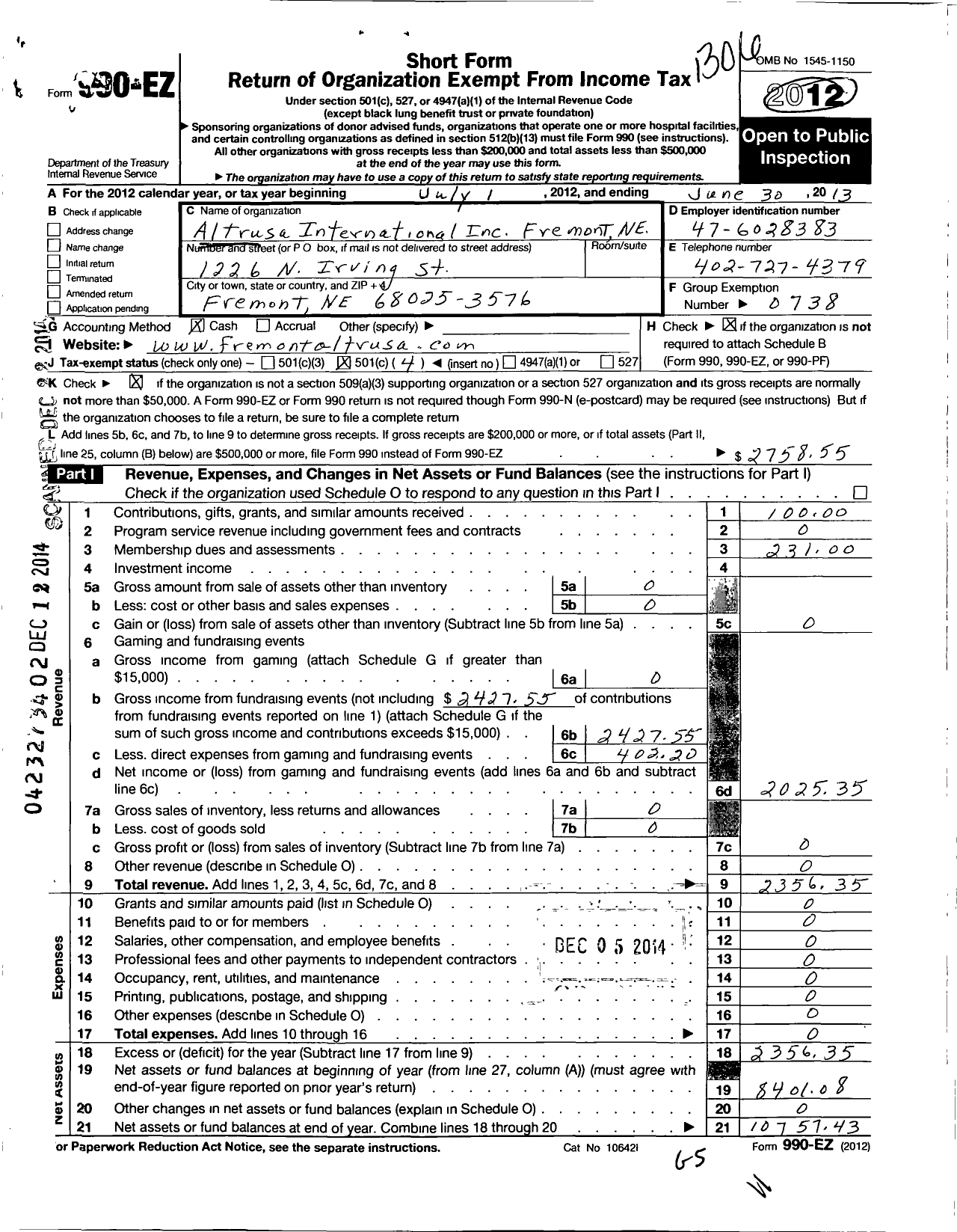 Image of first page of 2012 Form 990EO for Altrusa International / Fremont