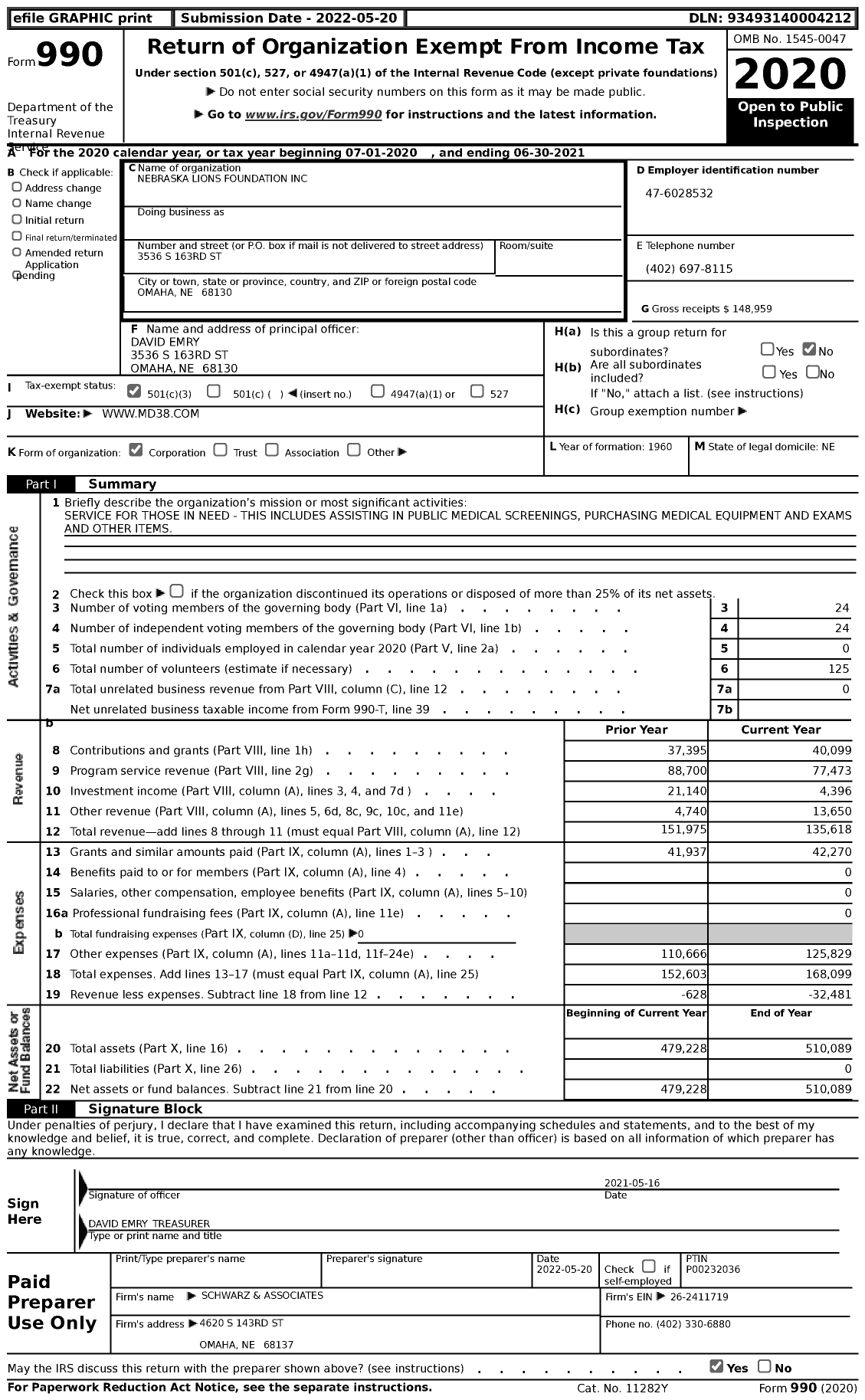 Image of first page of 2020 Form 990 for Nebraska Lions Foundation