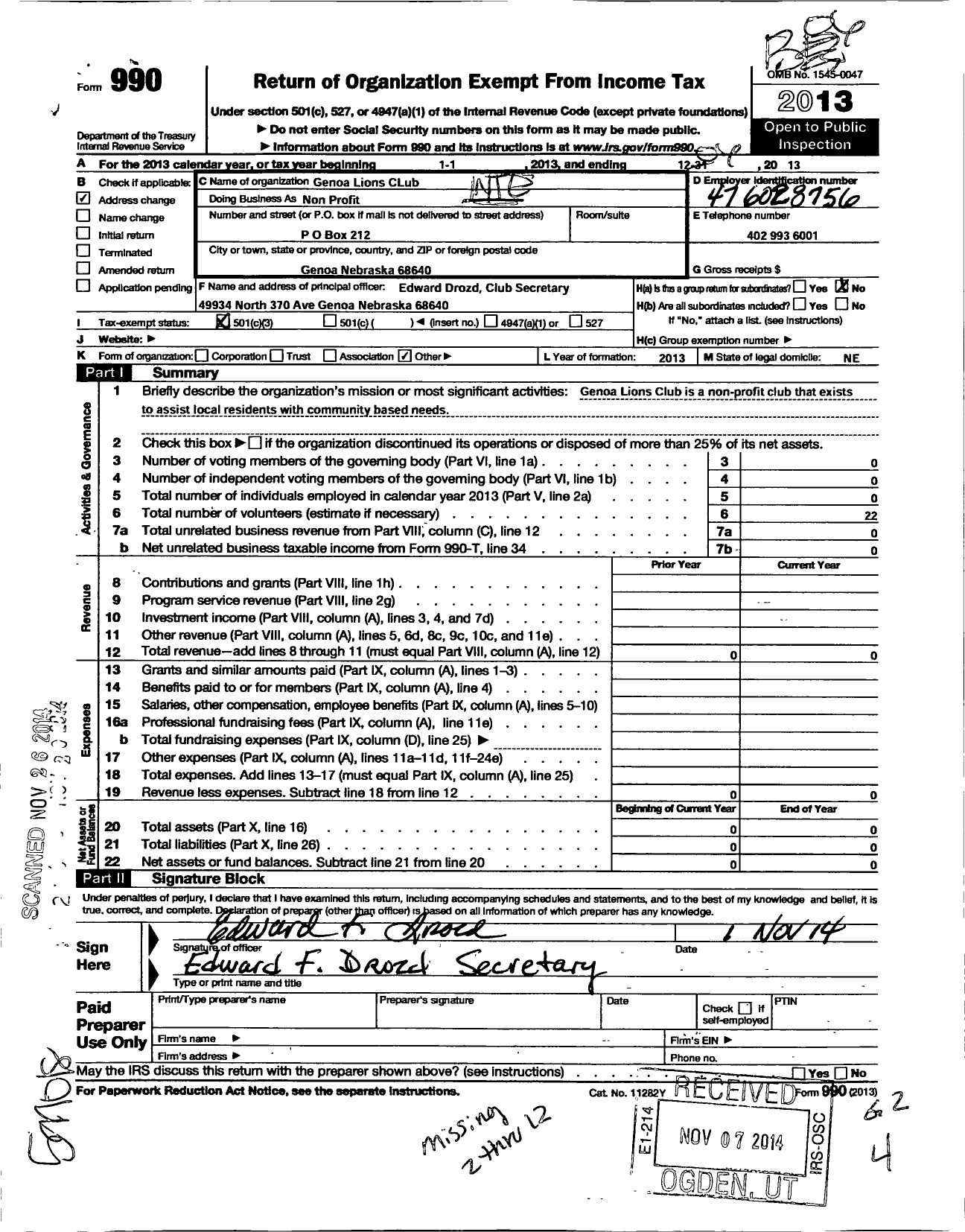 Image of first page of 2012 Form 990 for Lions Clubs - 13292 Genoa