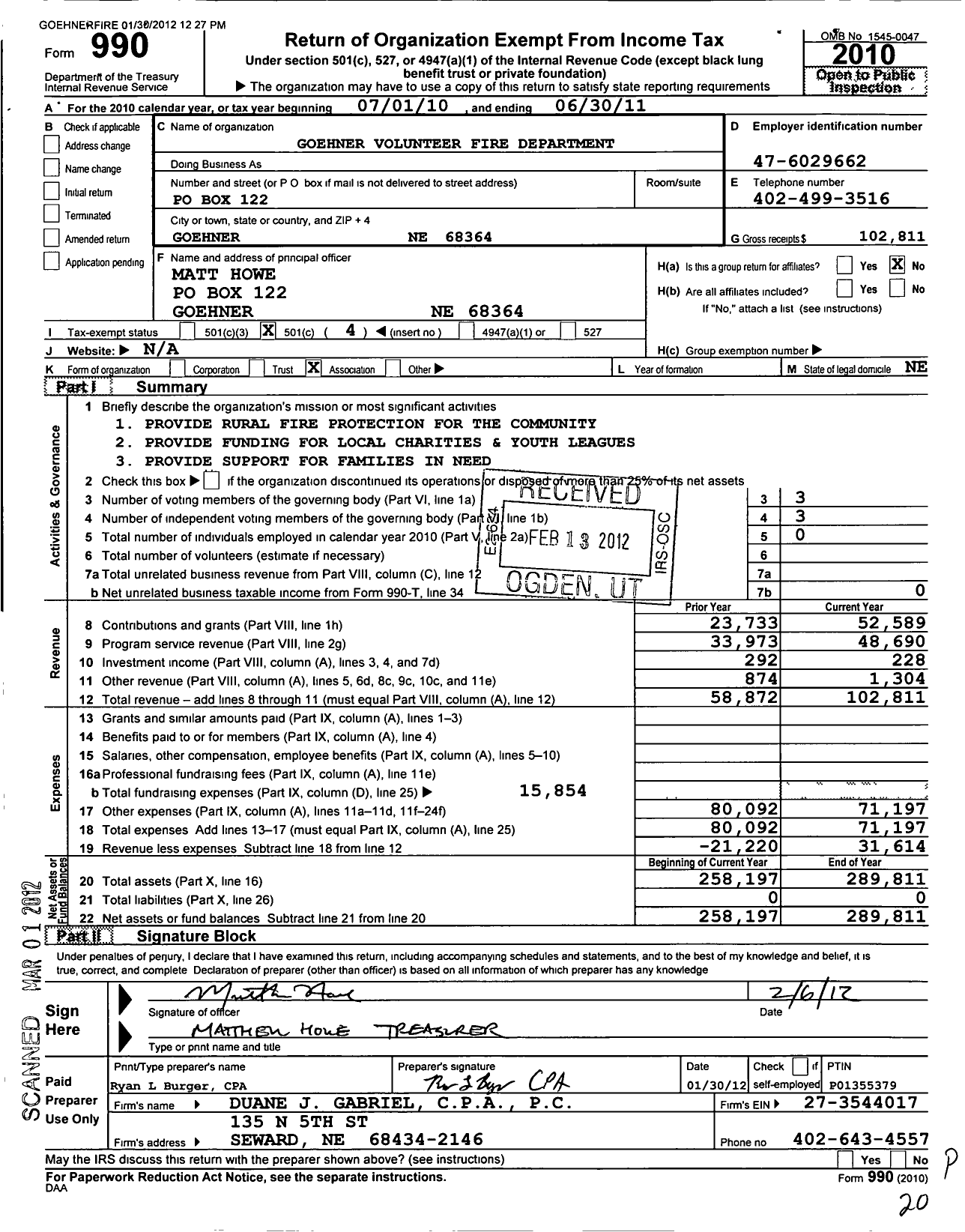 Image of first page of 2010 Form 990O for Goehner Volunteer Fire Department Incorporated