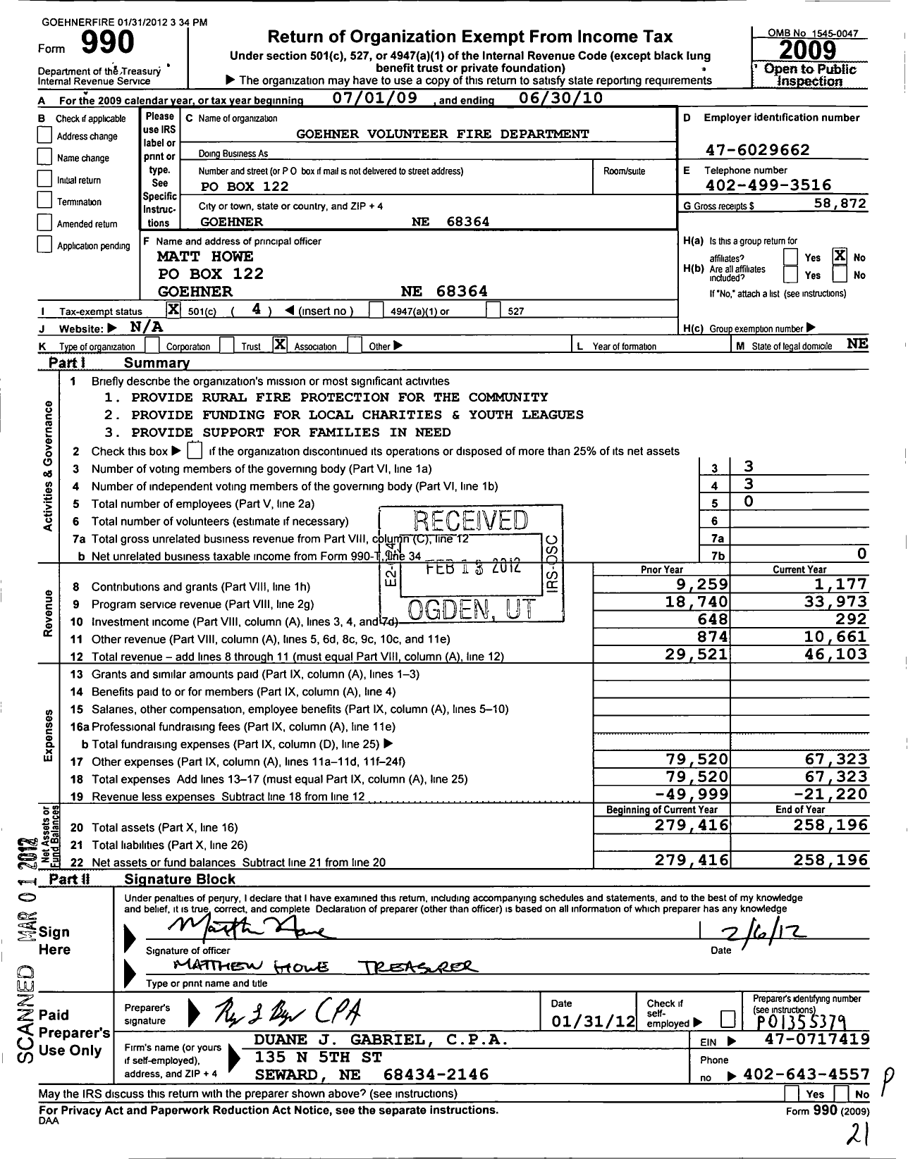 Image of first page of 2009 Form 990O for Goehner Volunteer Fire Department Incorporated