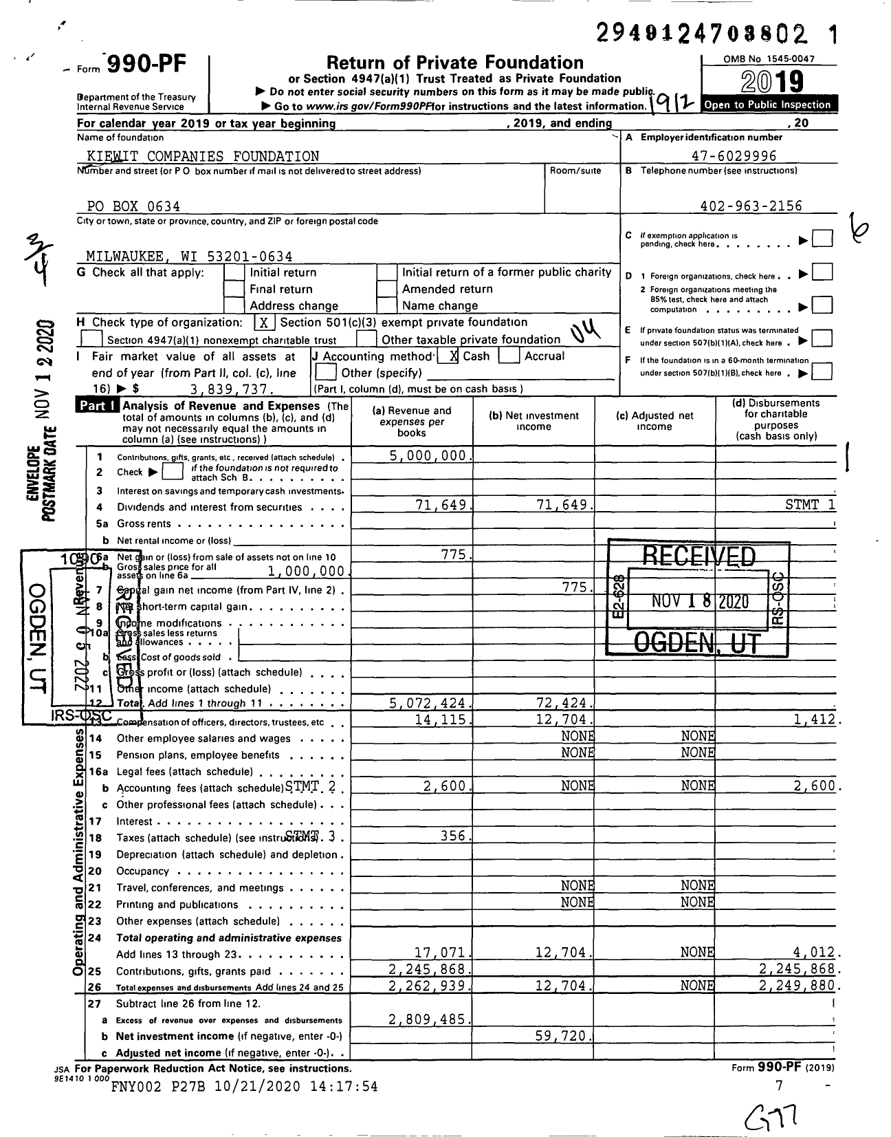 Image of first page of 2019 Form 990PF for Kiewit Companies Foundation