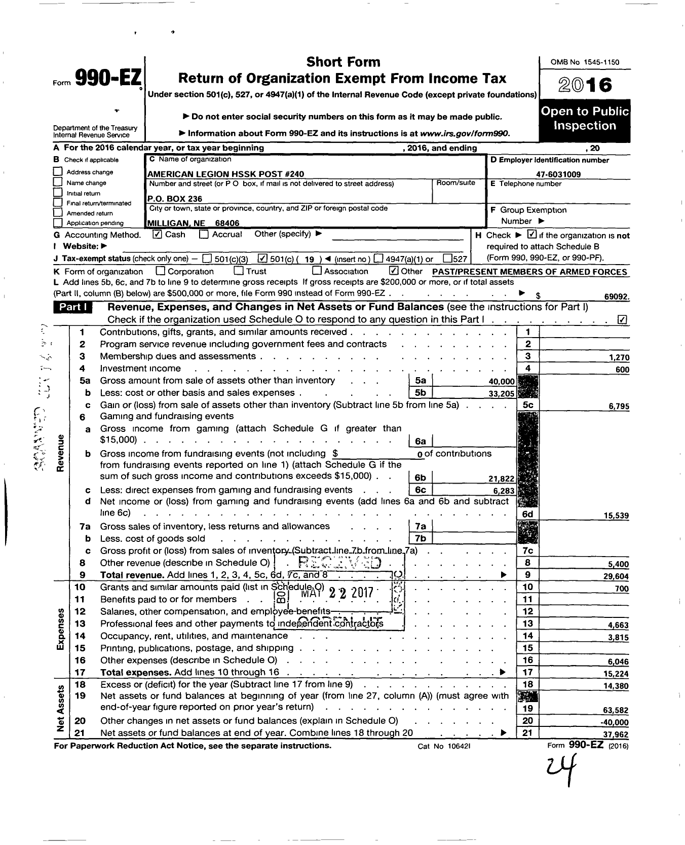 Image of first page of 2016 Form 990EO for American Legion - 0240 H S S K