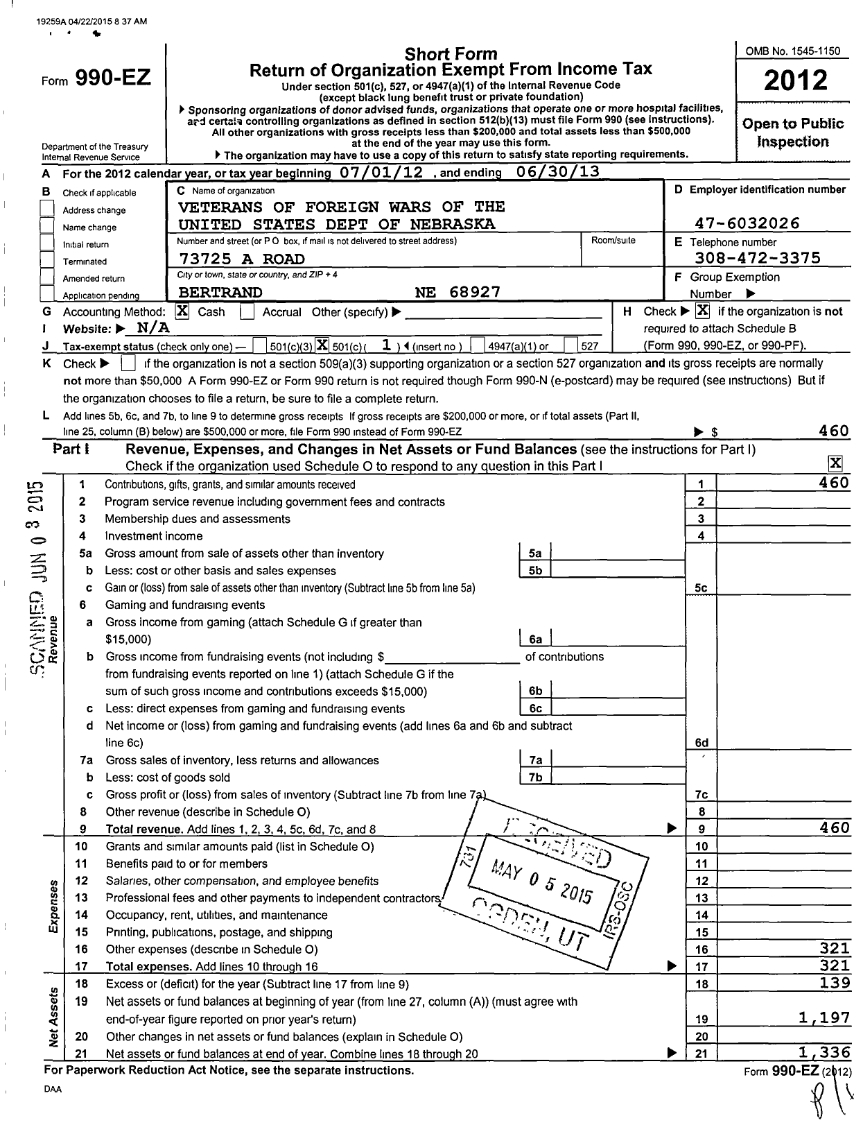 Image of first page of 2012 Form 990EO for Veterans of Foreign Wars of the United States Dept of Nebraska - 5304 Vfw-Neb