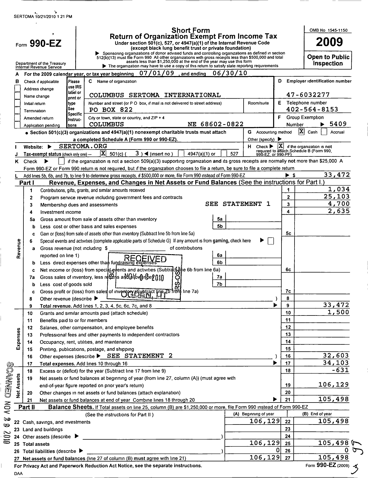 Image of first page of 2009 Form 990EZ for Sertoma - 10093 Columbus Sertoma Club