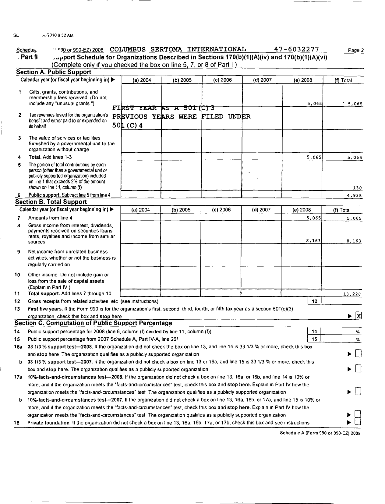 Image of first page of 2008 Form 990ER for Sertoma - 10093 Columbus Sertoma Club