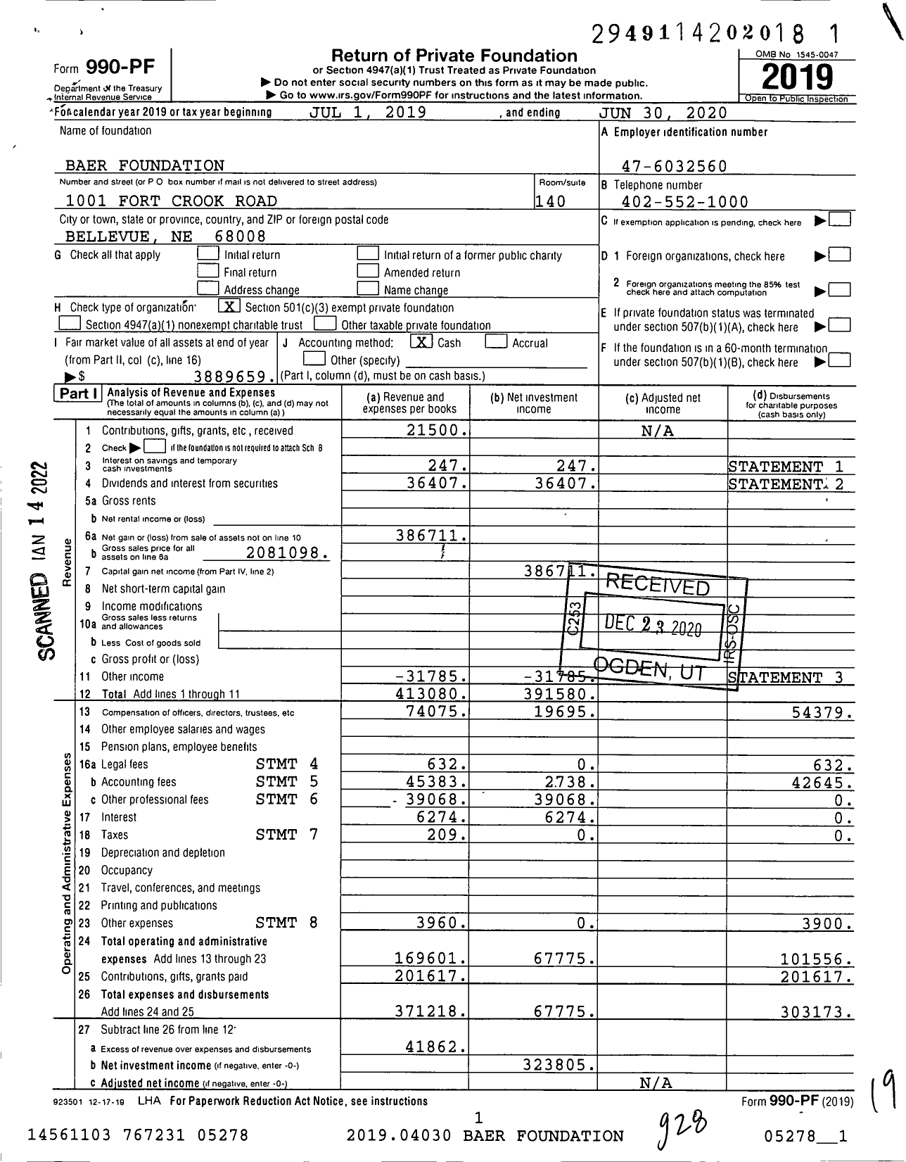 Image of first page of 2019 Form 990PF for Baer Foundation