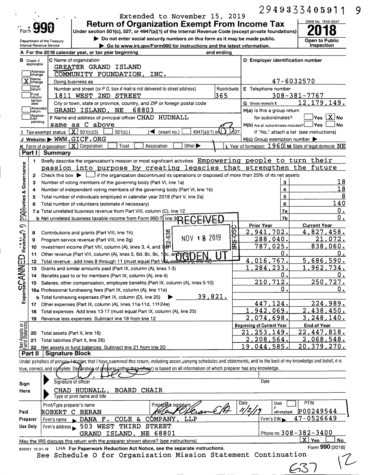 Image of first page of 2018 Form 990 for Greater Grand Island Community Foundation (GICF)