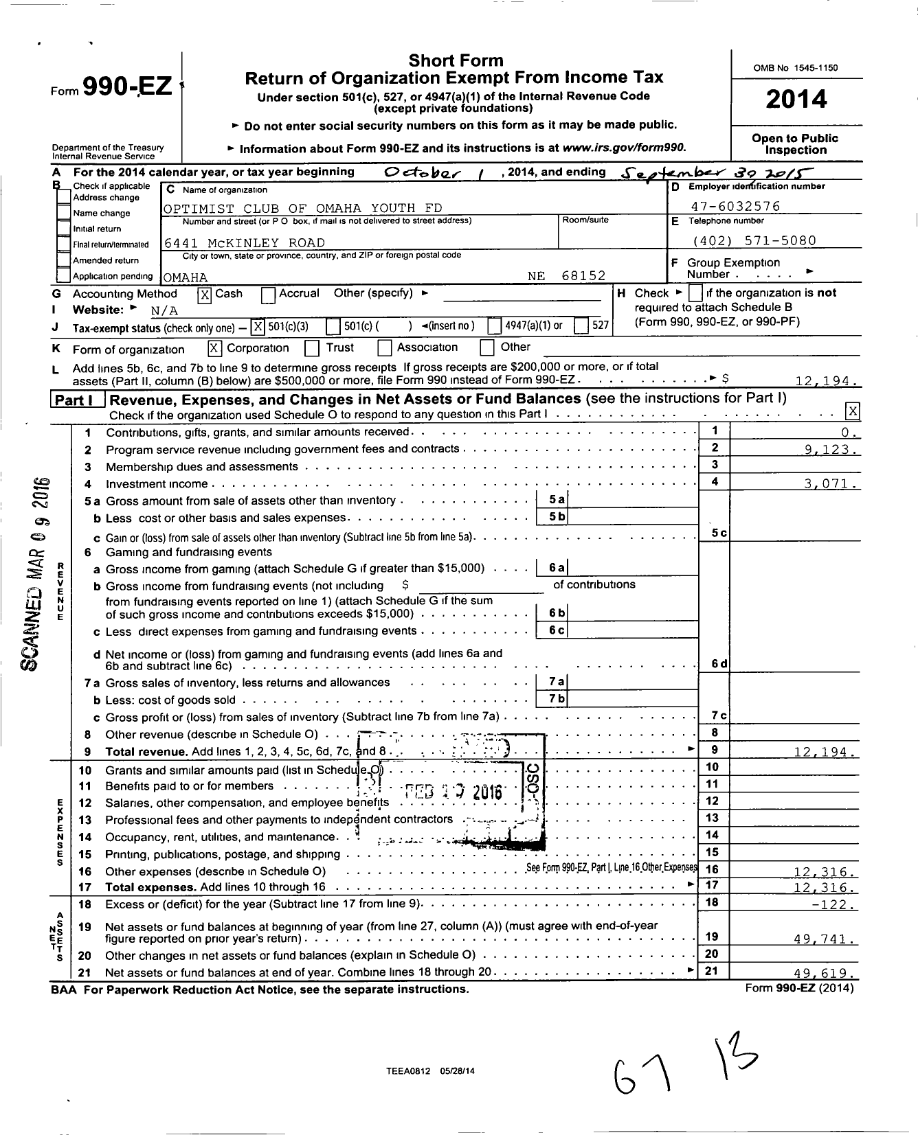 Image of first page of 2014 Form 990EZ for Optimist of Omaha Youth Foundation