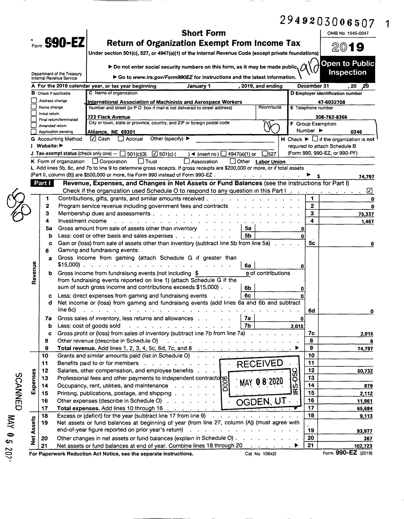 Image of first page of 2019 Form 990EO for International Association of Machinists and Aerospace Workers - 602 Local