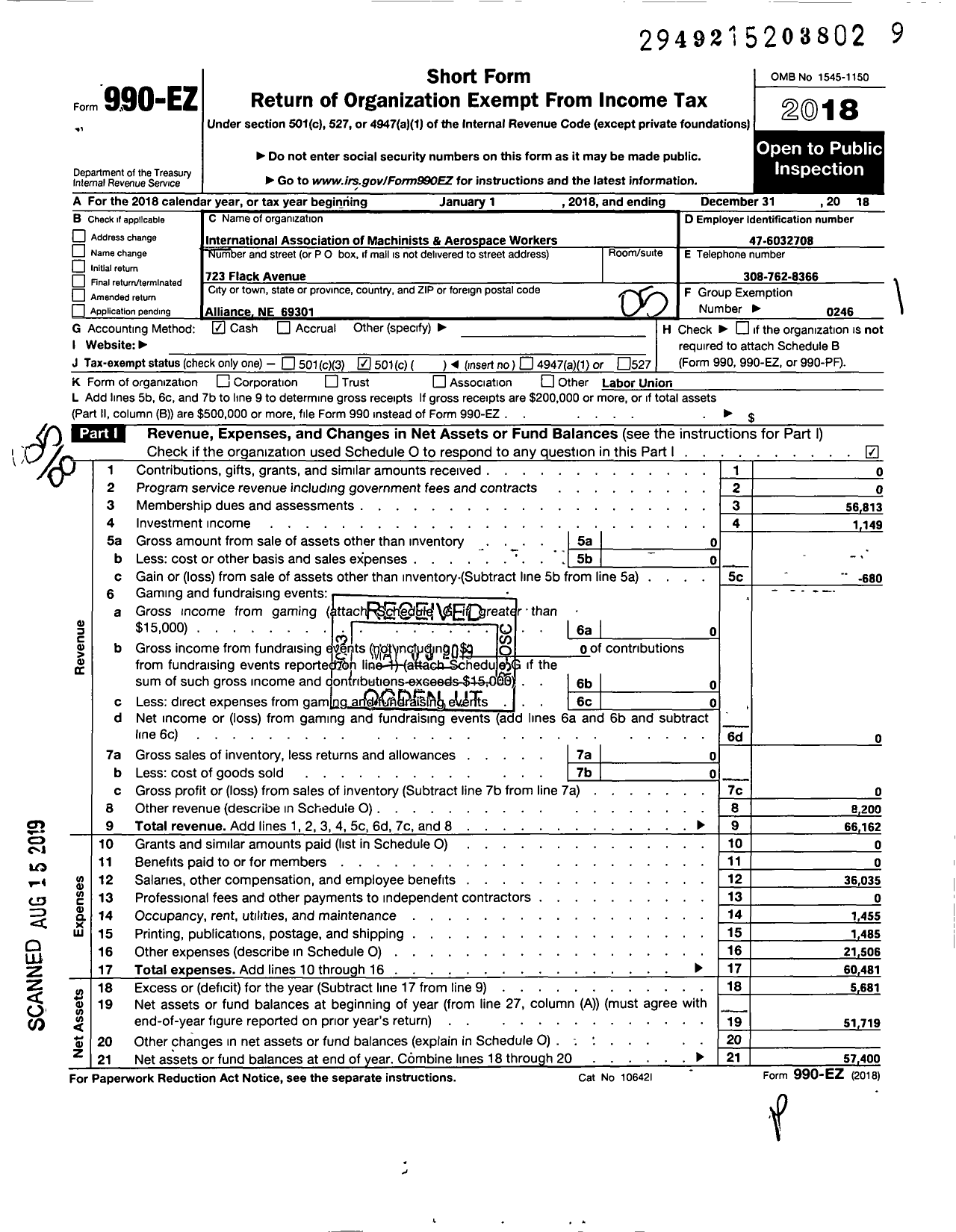 Image of first page of 2018 Form 990EO for International Association of Machinists and Aerospace Workers - 602 Local