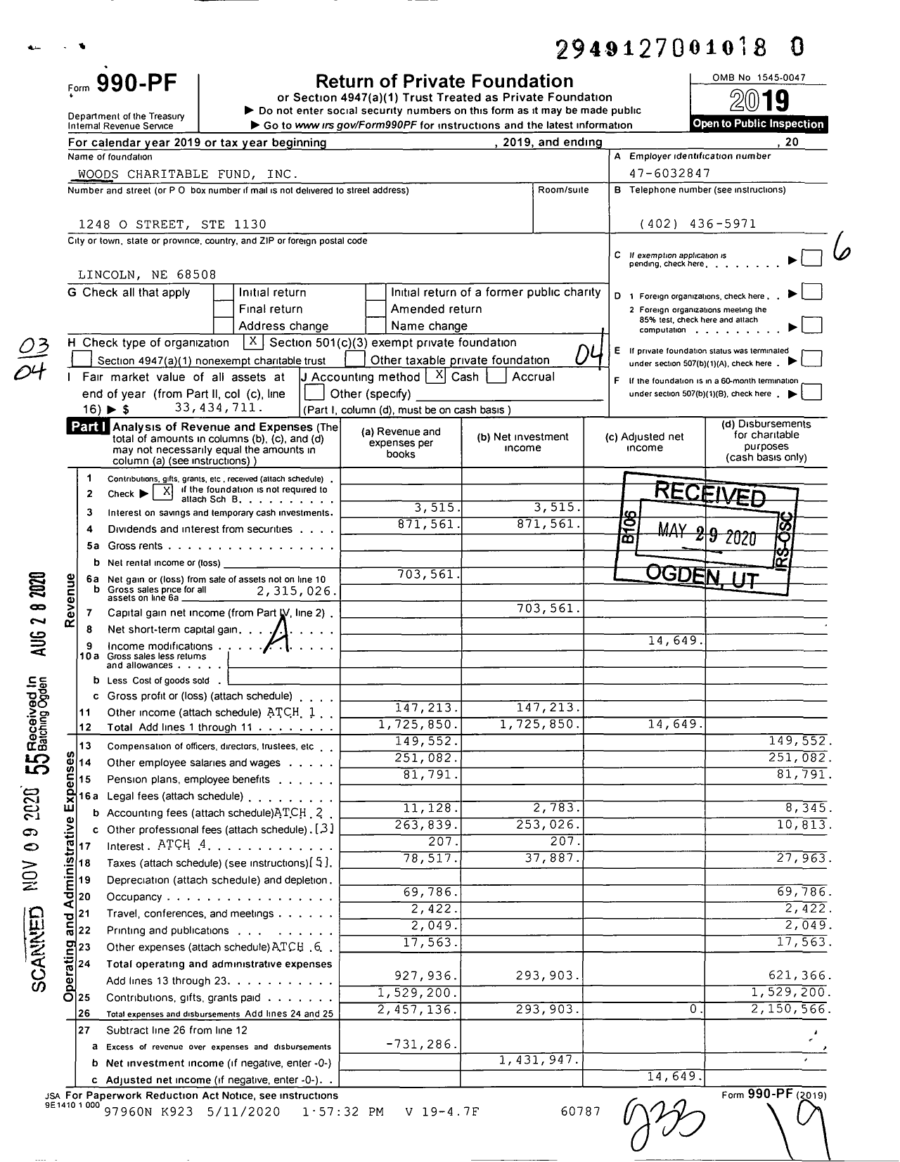 Image of first page of 2019 Form 990PF for Woods Charitable Fund (WCF)