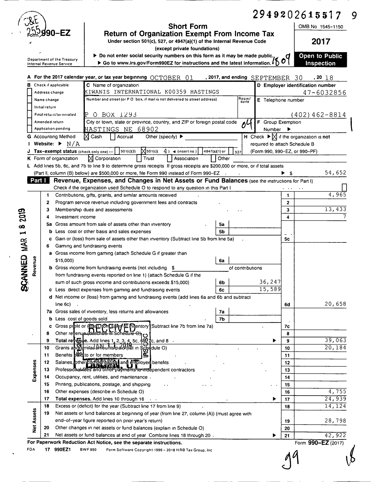 Image of first page of 2017 Form 990EO for Kiwanis International - K00359 Hastings