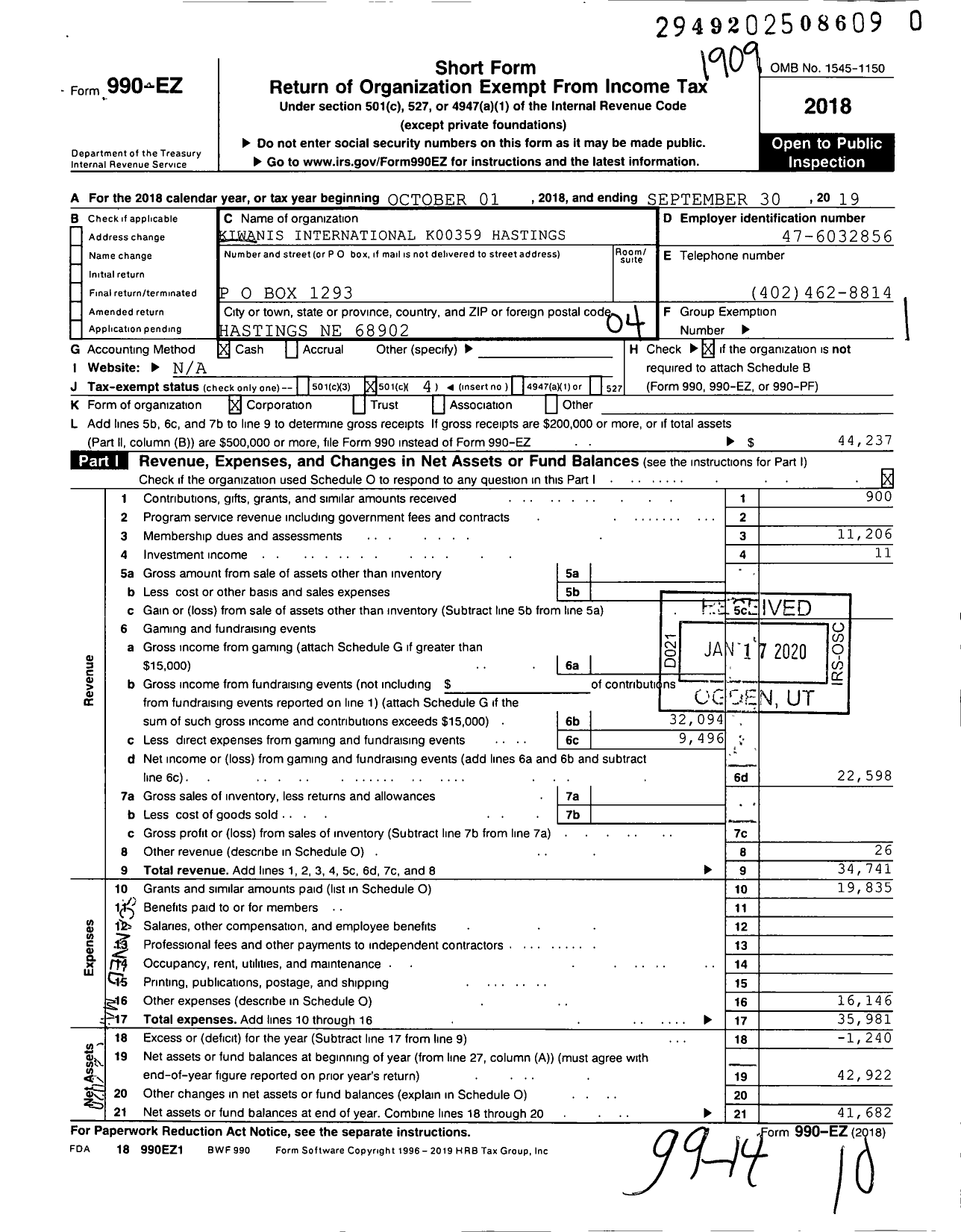 Image of first page of 2018 Form 990EO for Kiwanis International - K00359 Hastings