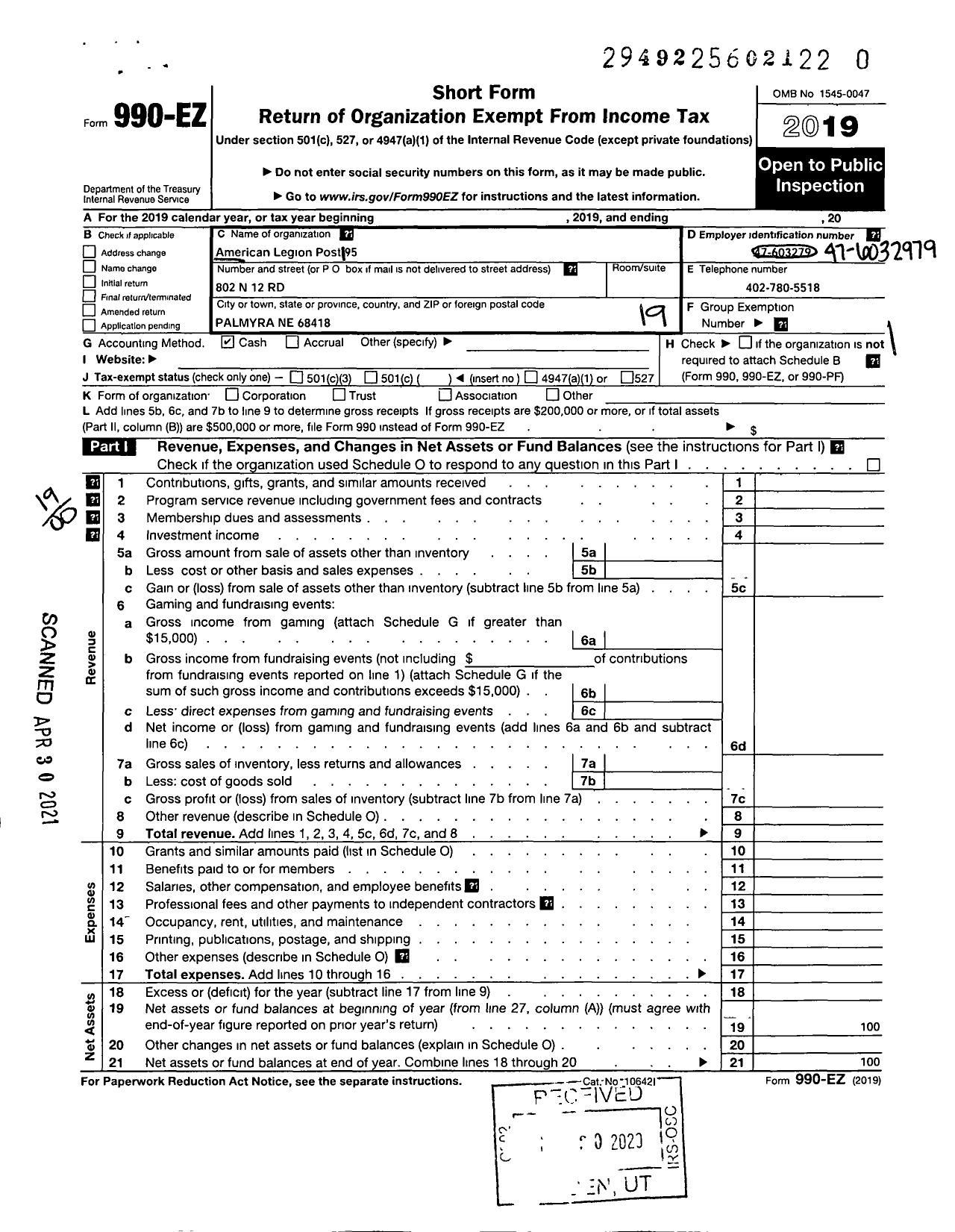 Image of first page of 2019 Form 990EO for American Legion Post 195