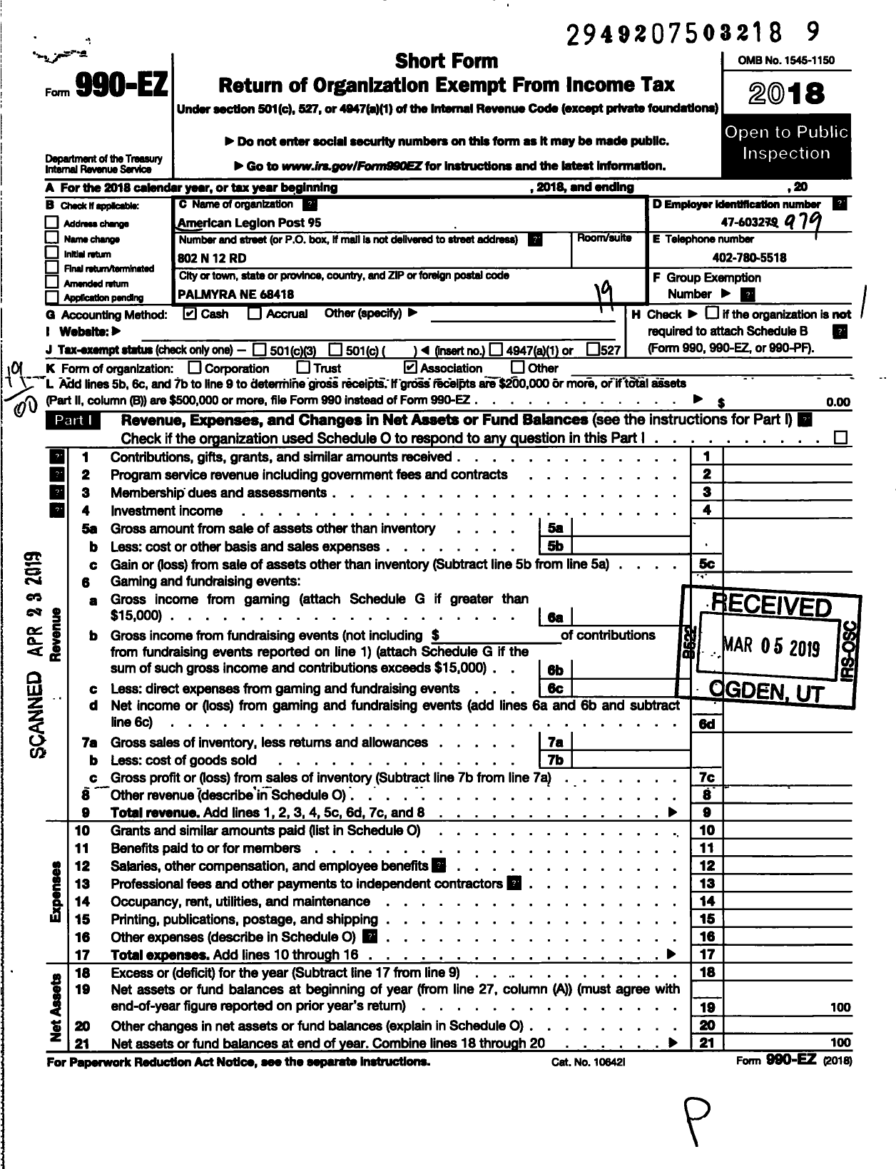 Image of first page of 2018 Form 990EO for American Legion Post 195