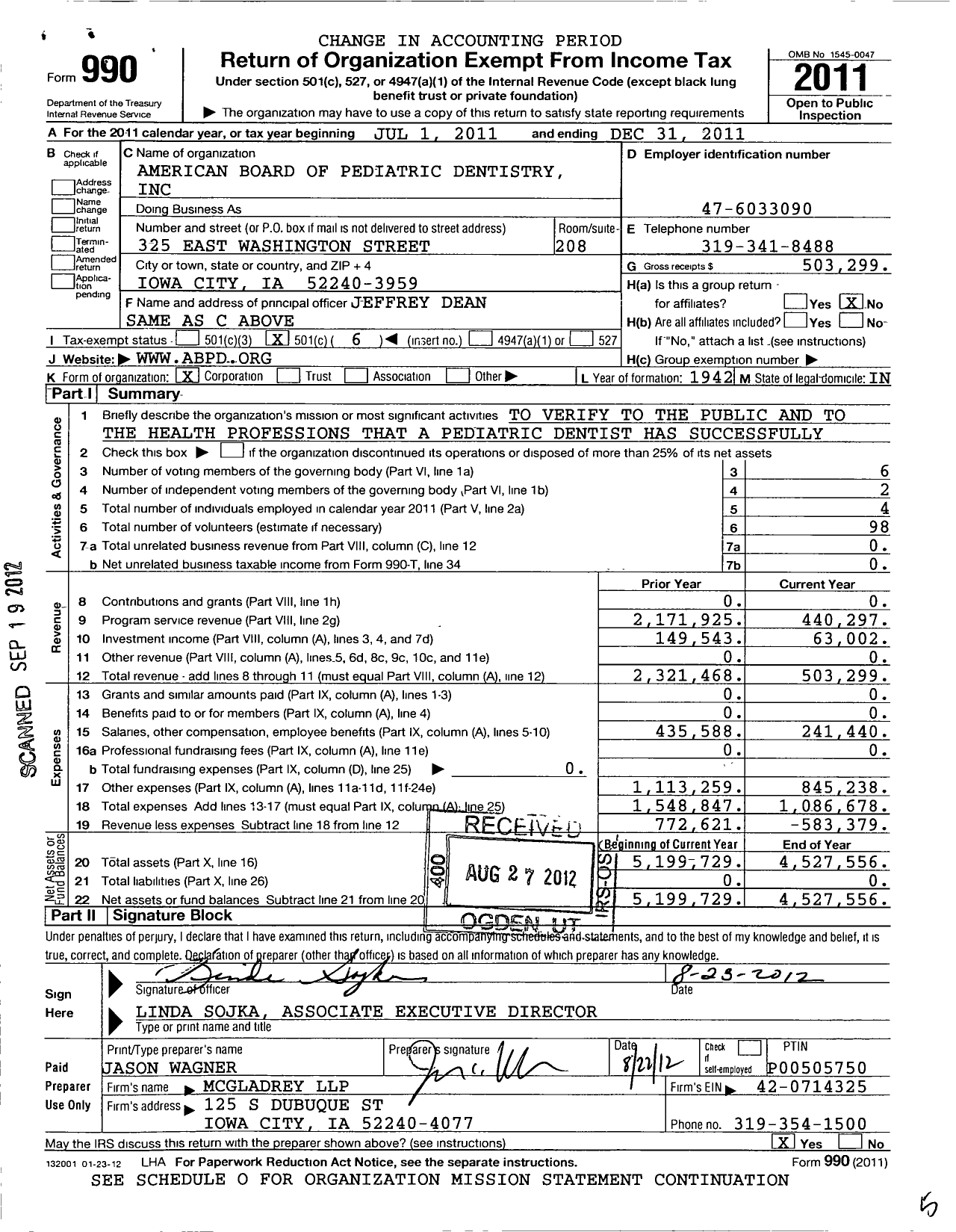 Image of first page of 2011 Form 990O for The American Board of Pediatric Dentistry (ABPD)