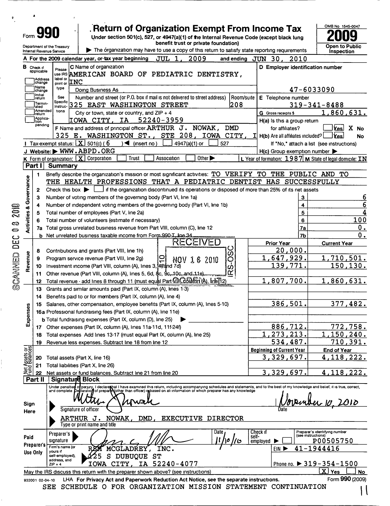 Image of first page of 2009 Form 990O for The American Board of Pediatric Dentistry (ABPD)