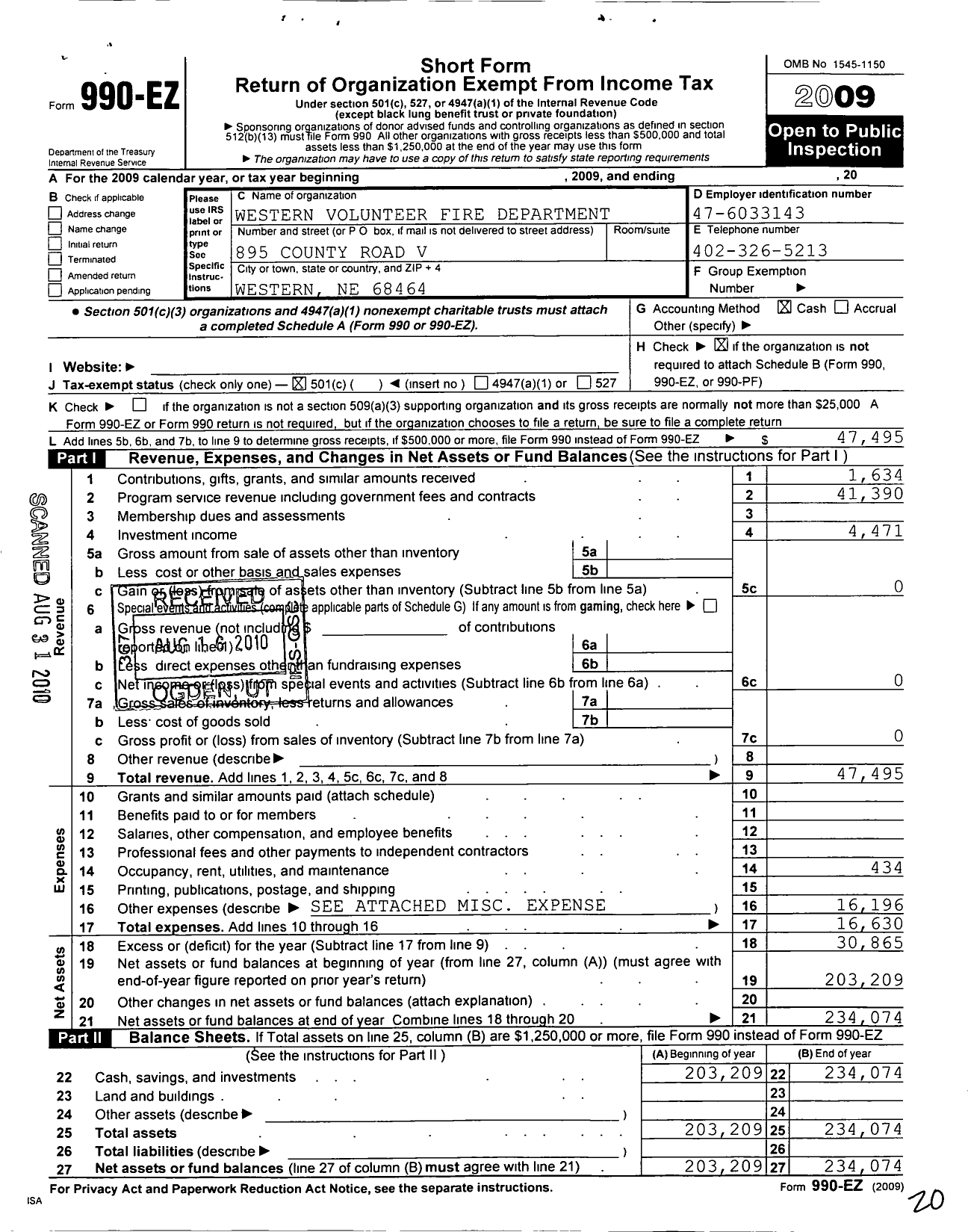 Image of first page of 2009 Form 990EO for Western Volunteer Fire Department