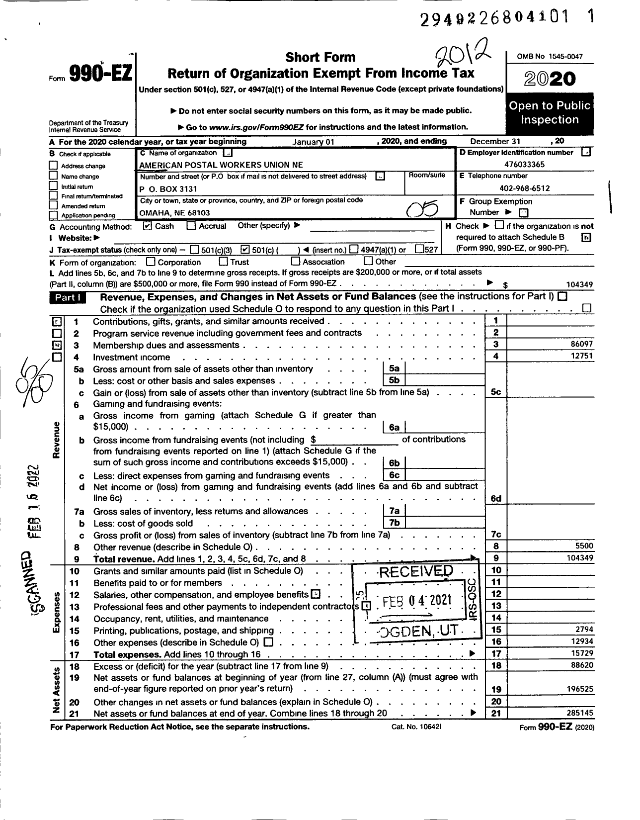 Image of first page of 2020 Form 990EO for American Postal Workers Union - American Postal Workers Union Ne