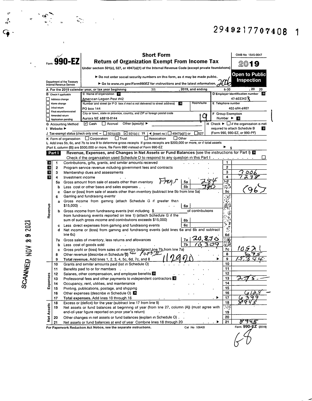 Image of first page of 2019 Form 990EO for American Legion - 42 Lester S Harter