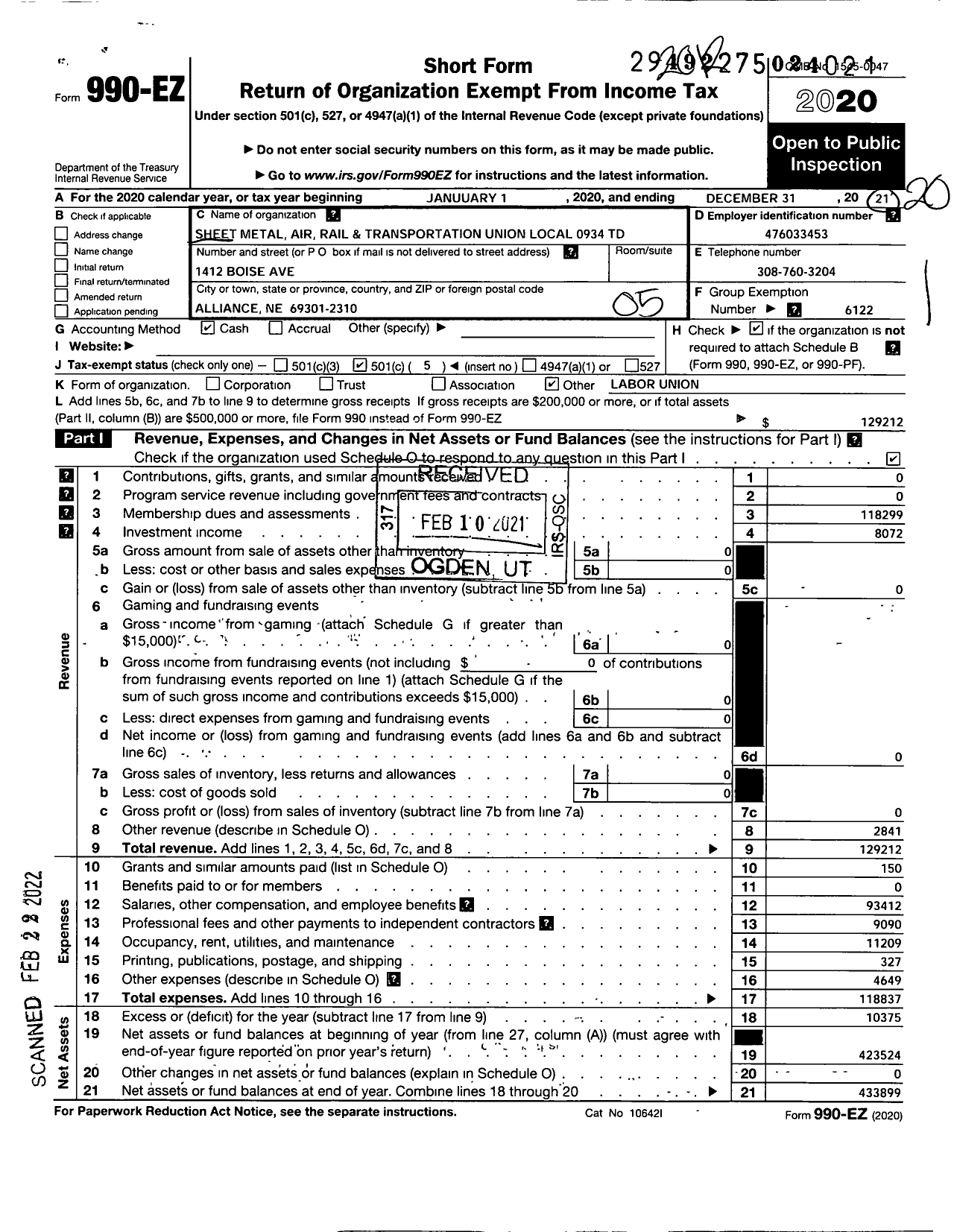 Image of first page of 2020 Form 990EO for Smart Union - 934 TD