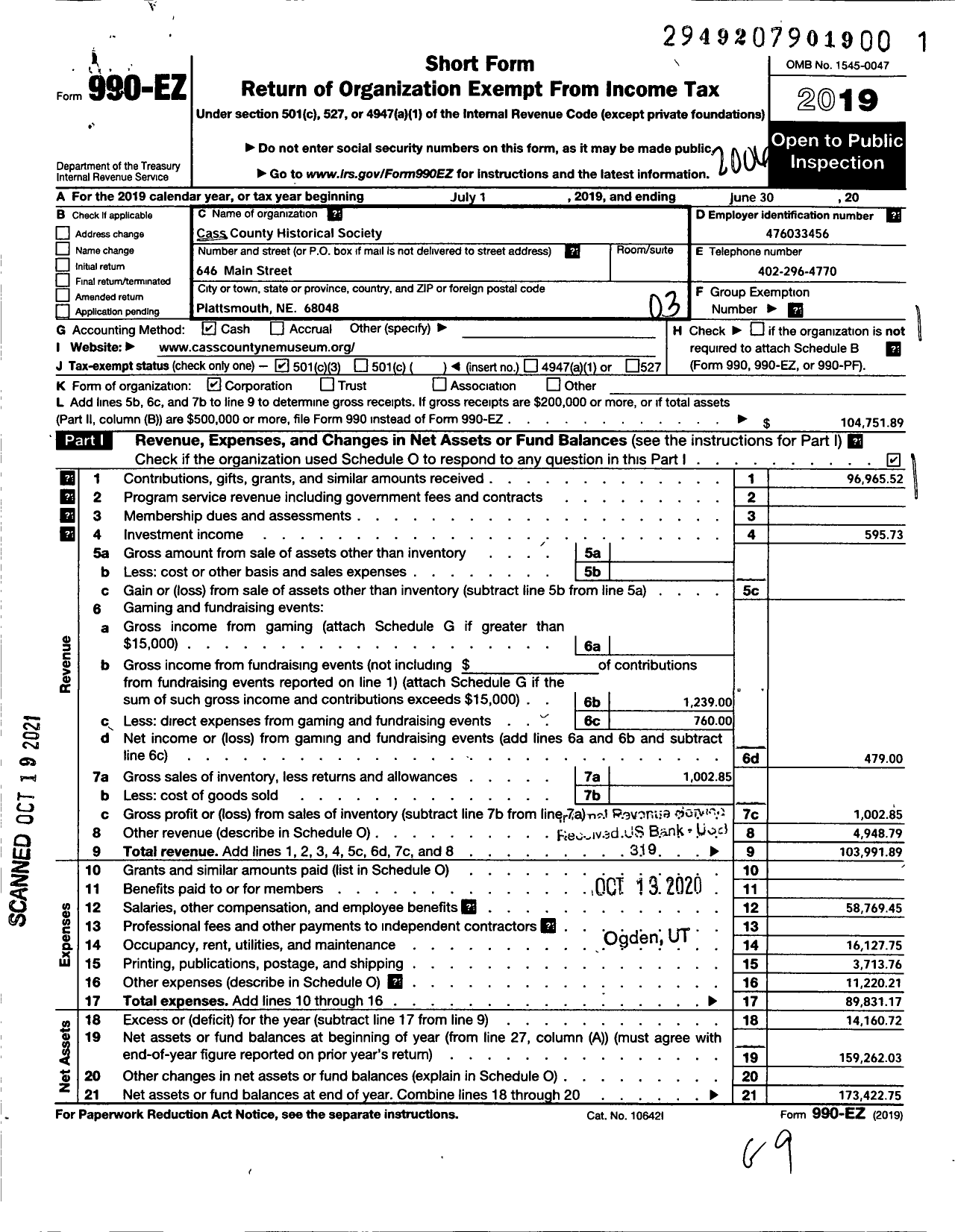 Image of first page of 2019 Form 990EZ for Cass County Historical Society