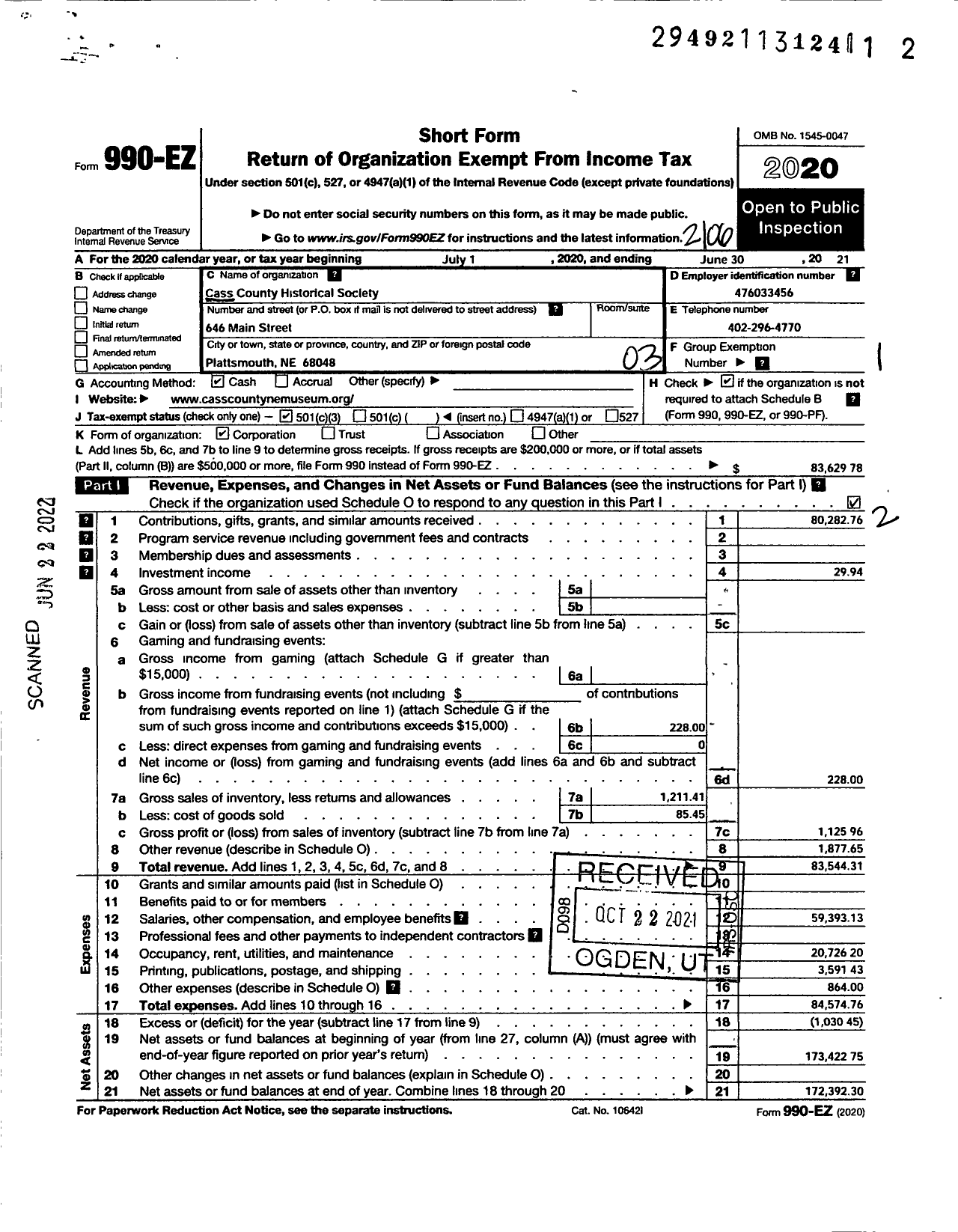 Image of first page of 2020 Form 990EZ for Cass County Historical Society