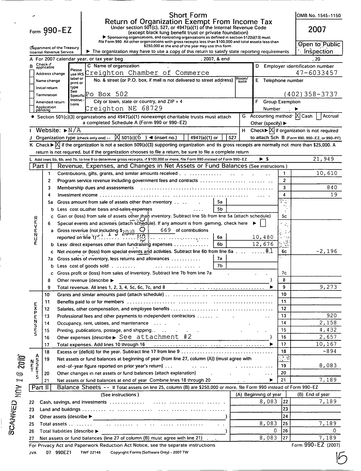 Image of first page of 2007 Form 990EO for Creighton Chamber of Commerce