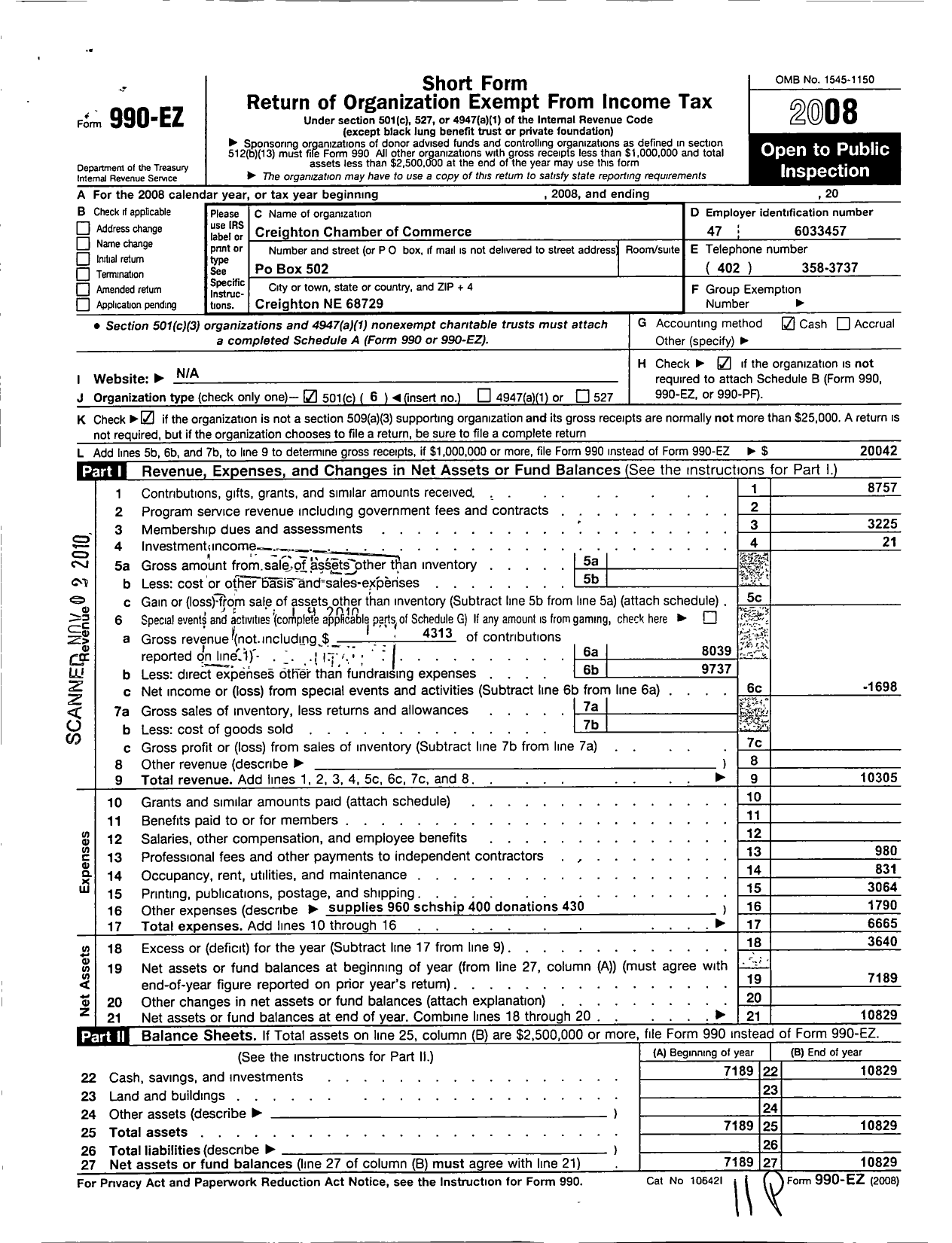 Image of first page of 2008 Form 990EO for Creighton Chamber of Commerce