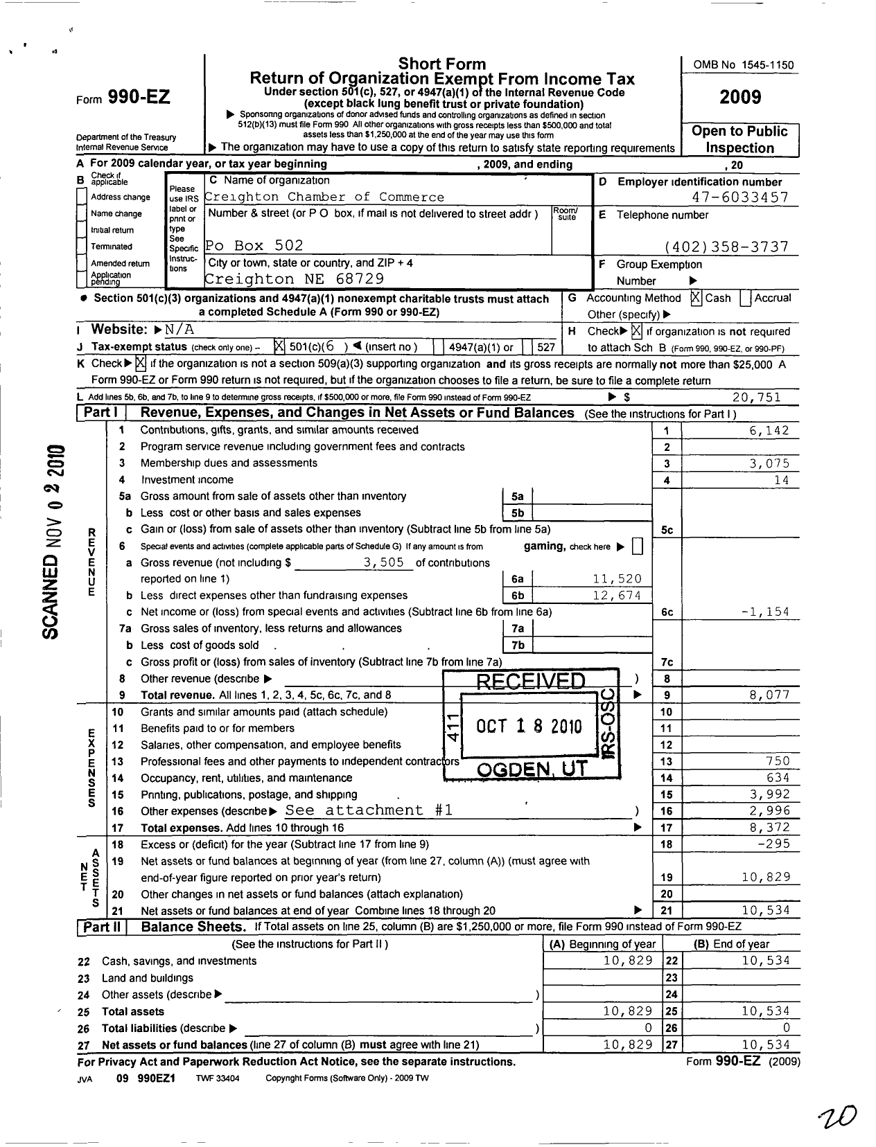 Image of first page of 2009 Form 990EO for Creighton Chamber of Commerce