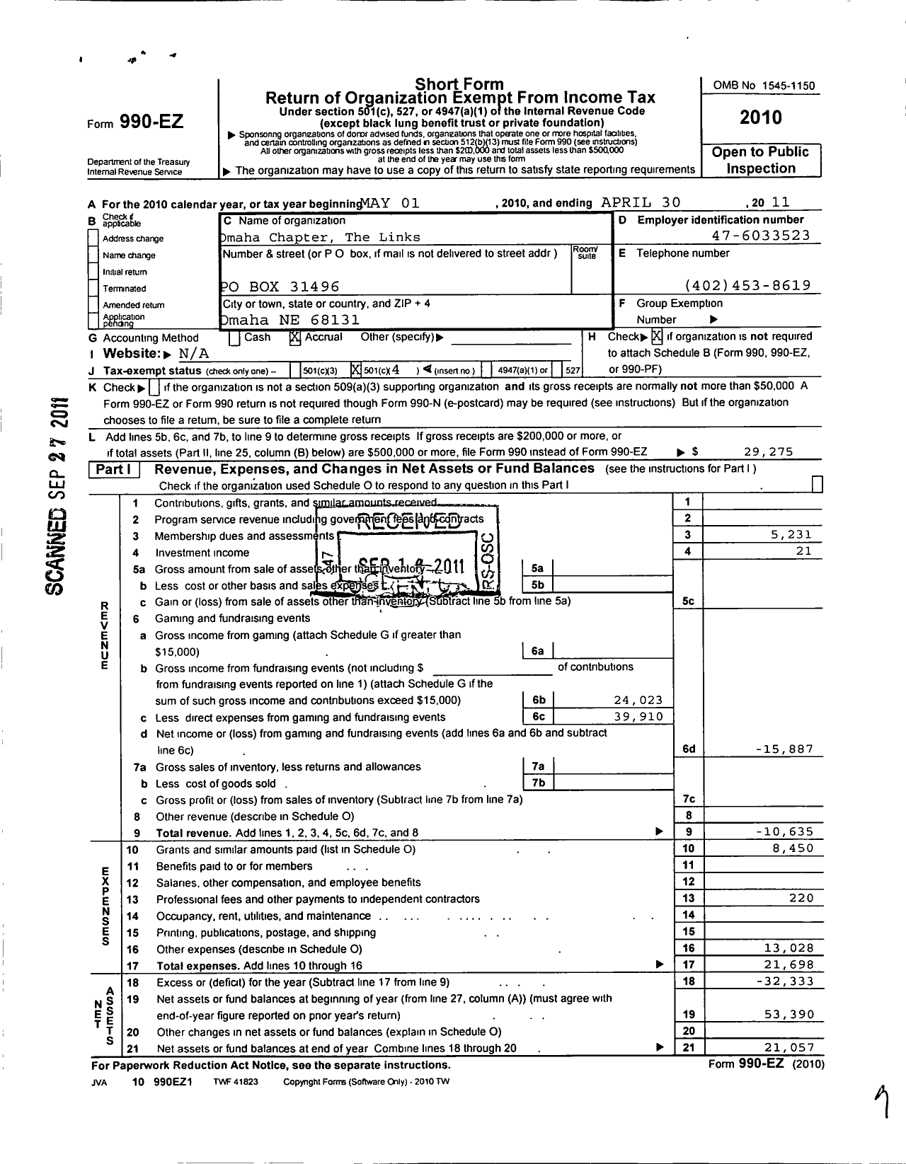 Image of first page of 2010 Form 990EO for Omaha Chapter the Links