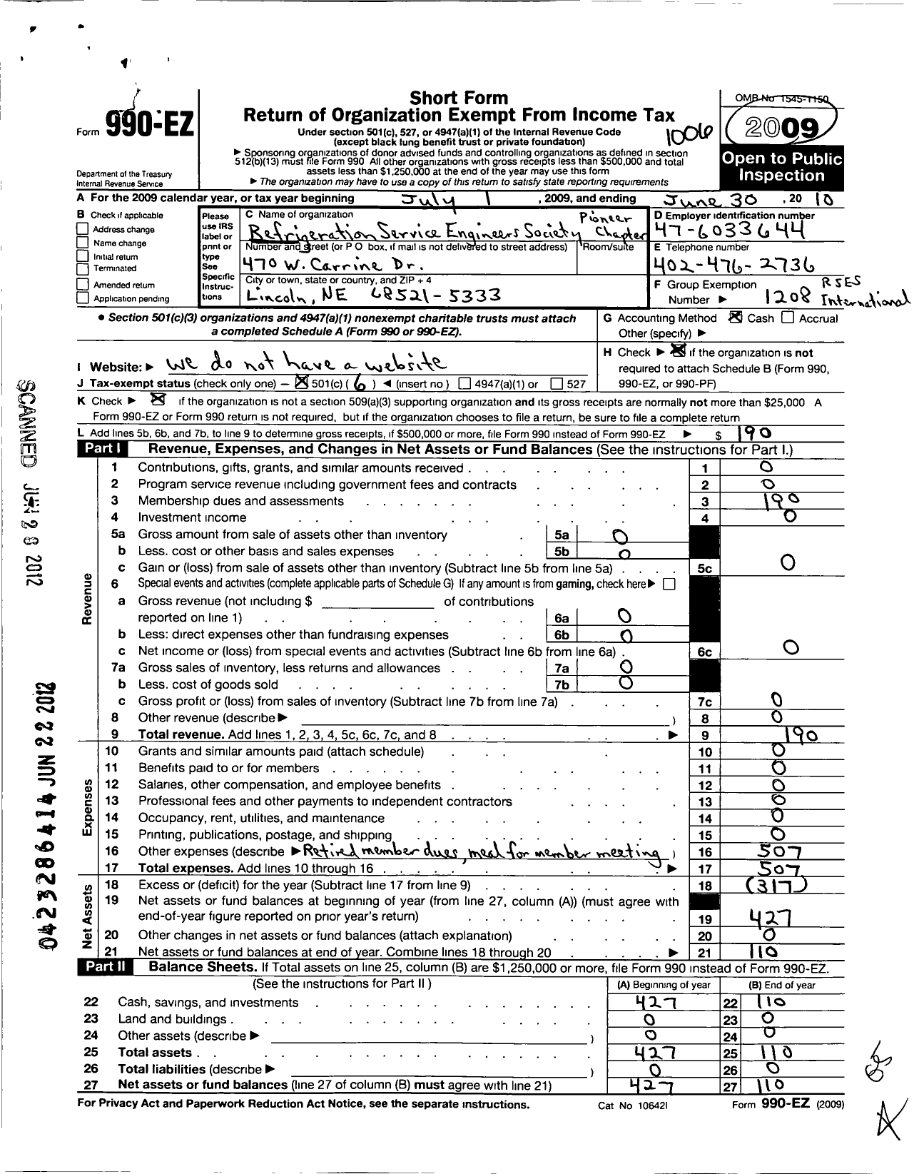 Image of first page of 2009 Form 990EO for Refrigeration Service Engineers Society - 11222 Pioneer Chapter