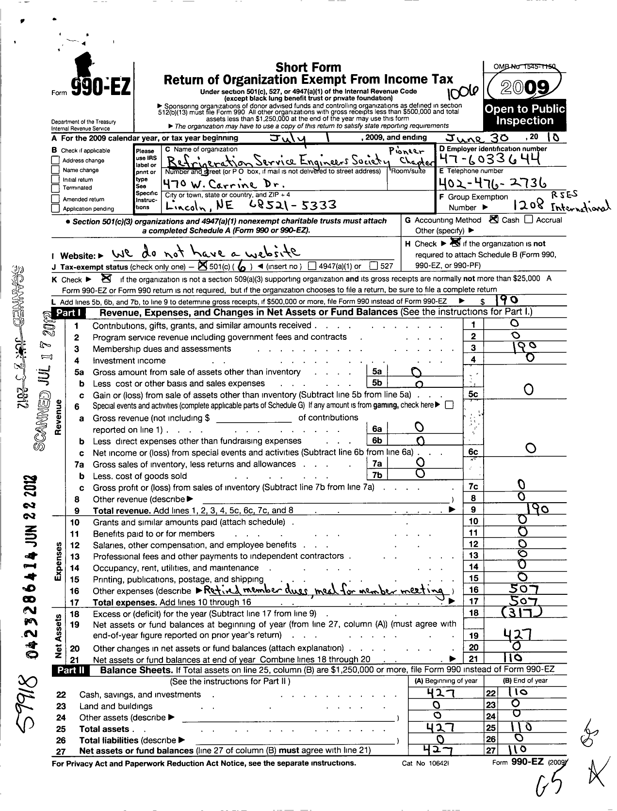 Image of first page of 2009 Form 990EO for Refrigeration Service Engineers Society - 11222 Pioneer Chapter