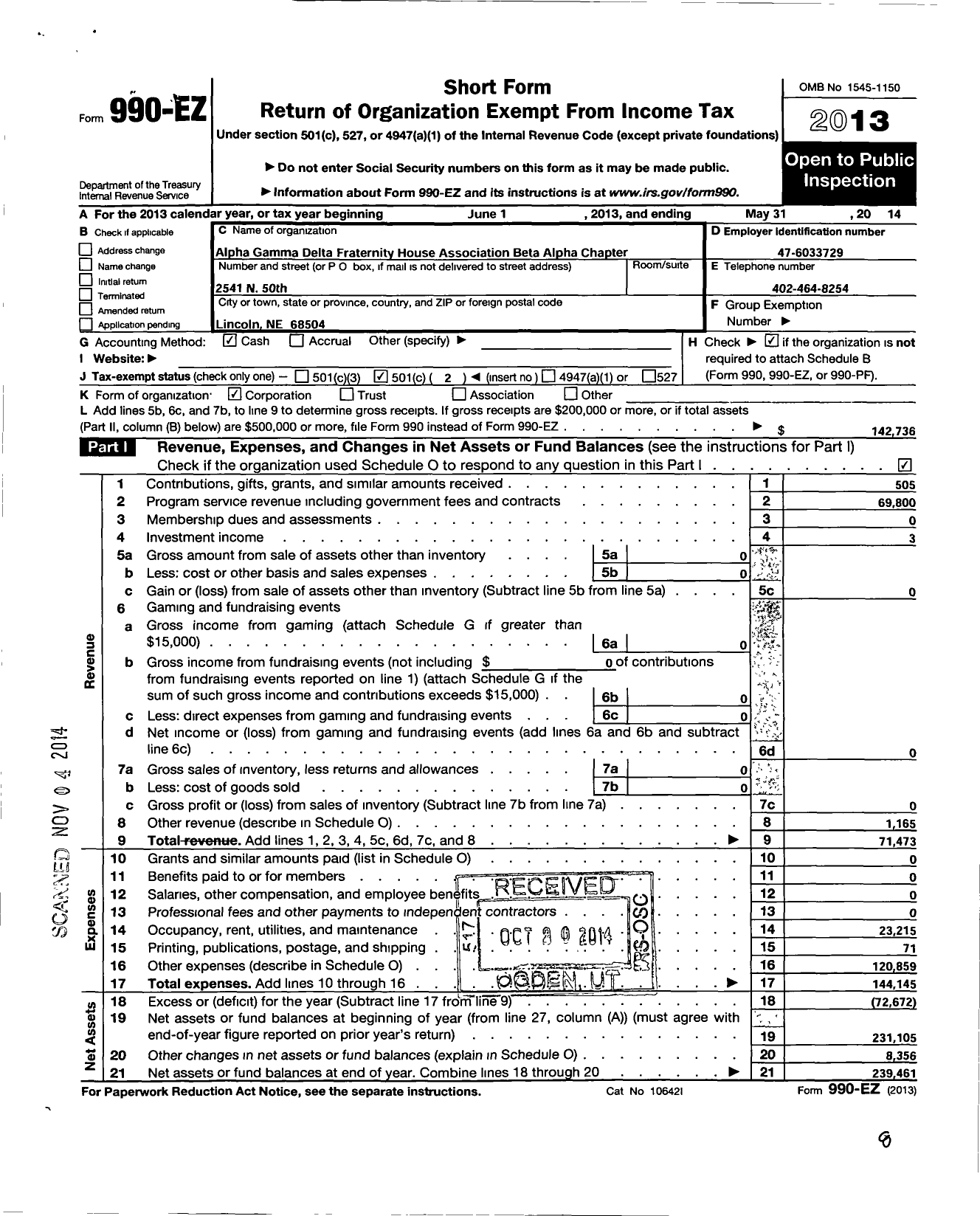 Image of first page of 2013 Form 990EO for Alpha Gamma Delta Fraternity House Association Beta Alpha Chapte