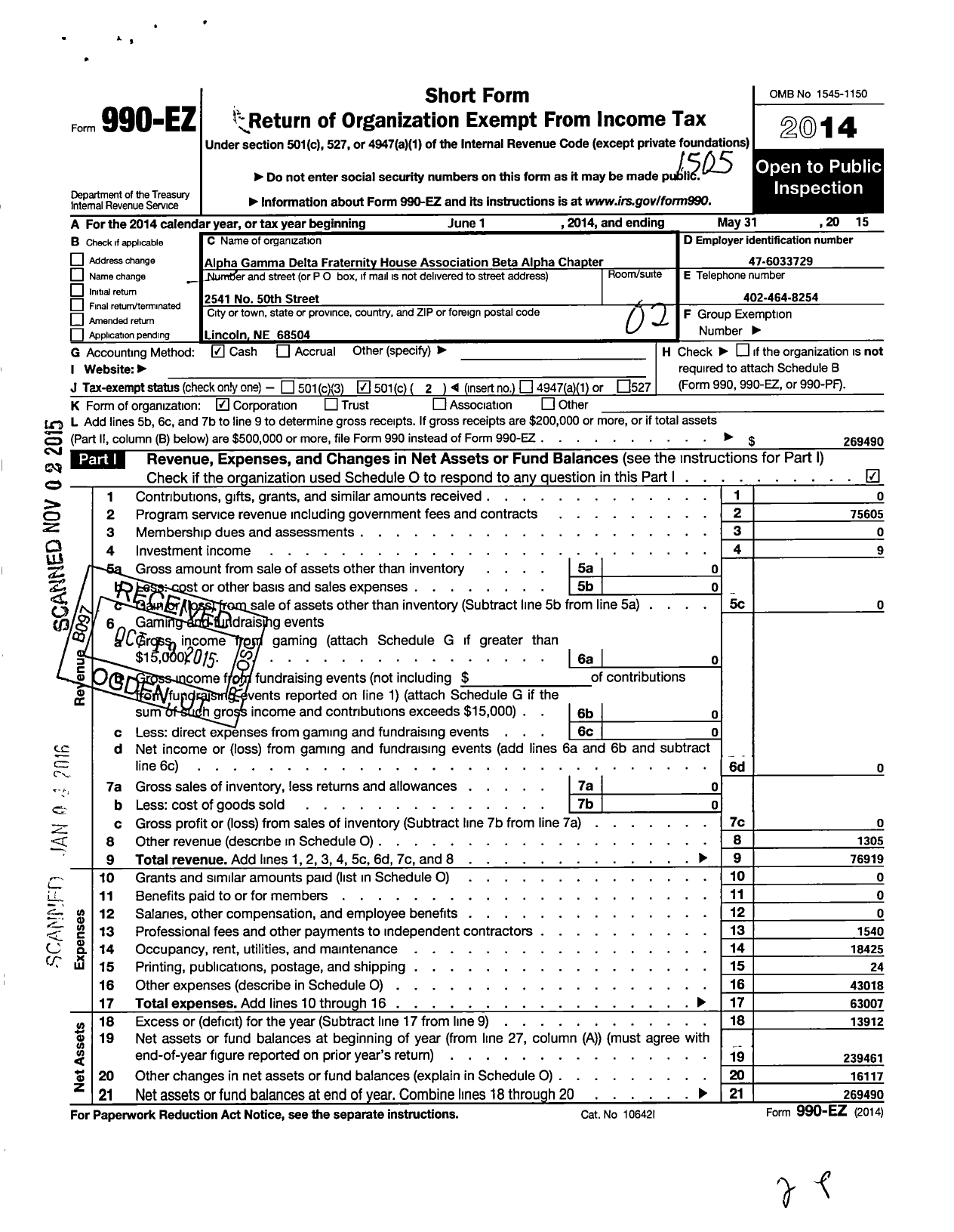 Image of first page of 2014 Form 990EO for Alpha Gamma Delta Fraternity House Association Beta Alpha Chapte