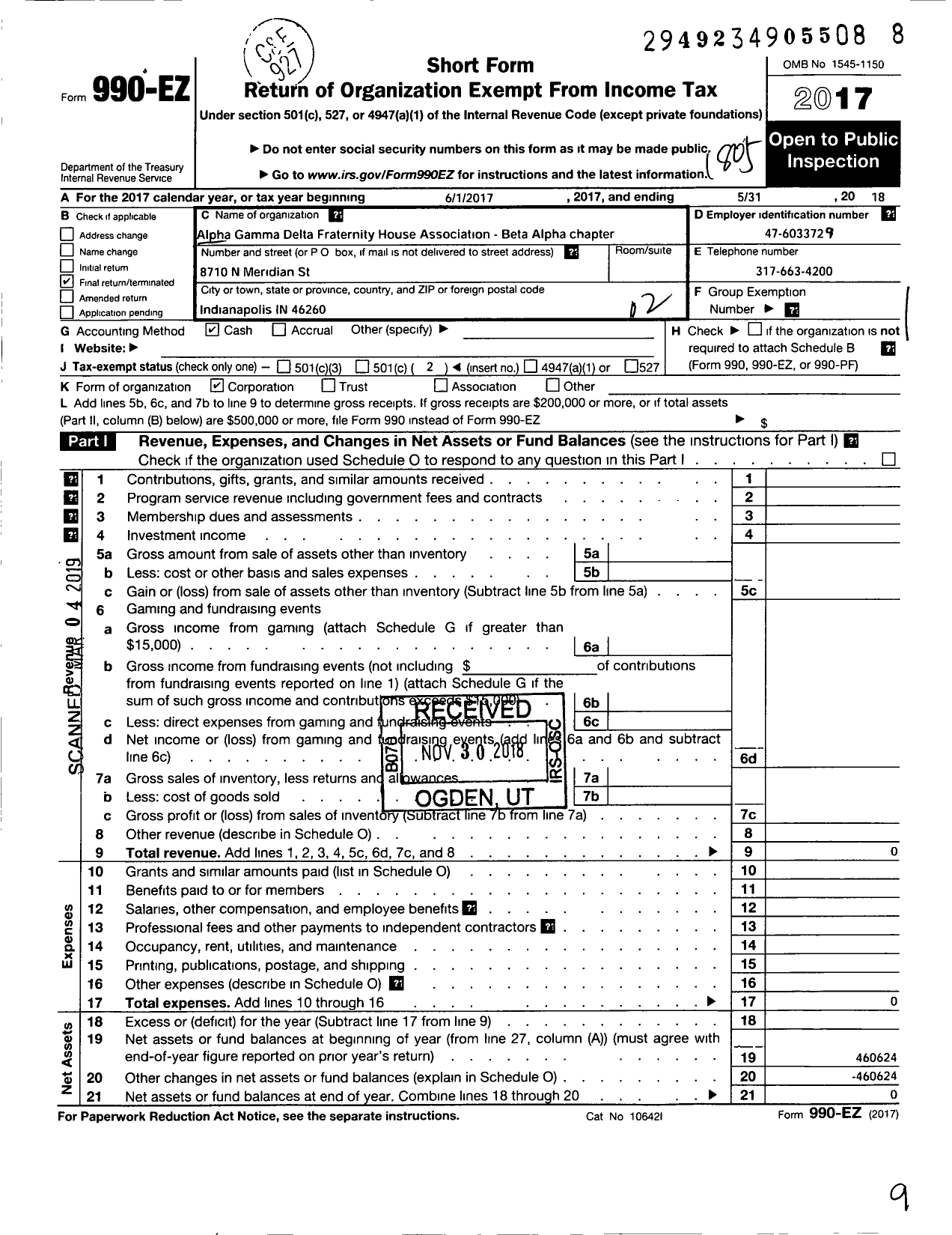 Image of first page of 2017 Form 990EO for Alpha Gamma Delta Fraternity House Association Beta Alpha Chapte