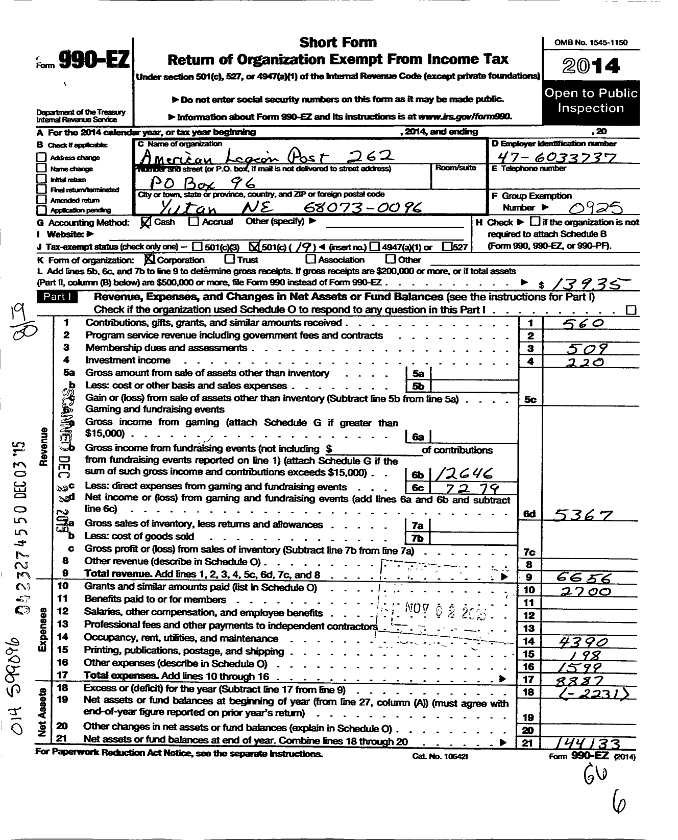 Image of first page of 2014 Form 990EO for American Legion - 0262 Yutan