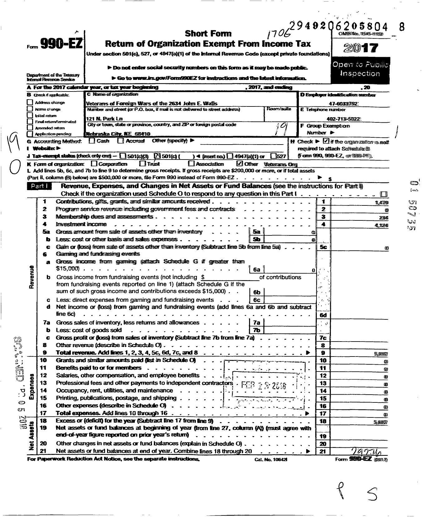 Image of first page of 2016 Form 990EO for Veterans of Foreign Wars of the Us Dept of Ne