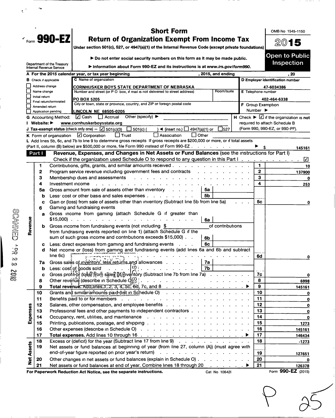 Image of first page of 2015 Form 990EZ for Cornhusker Boys State Dept of Nebraska