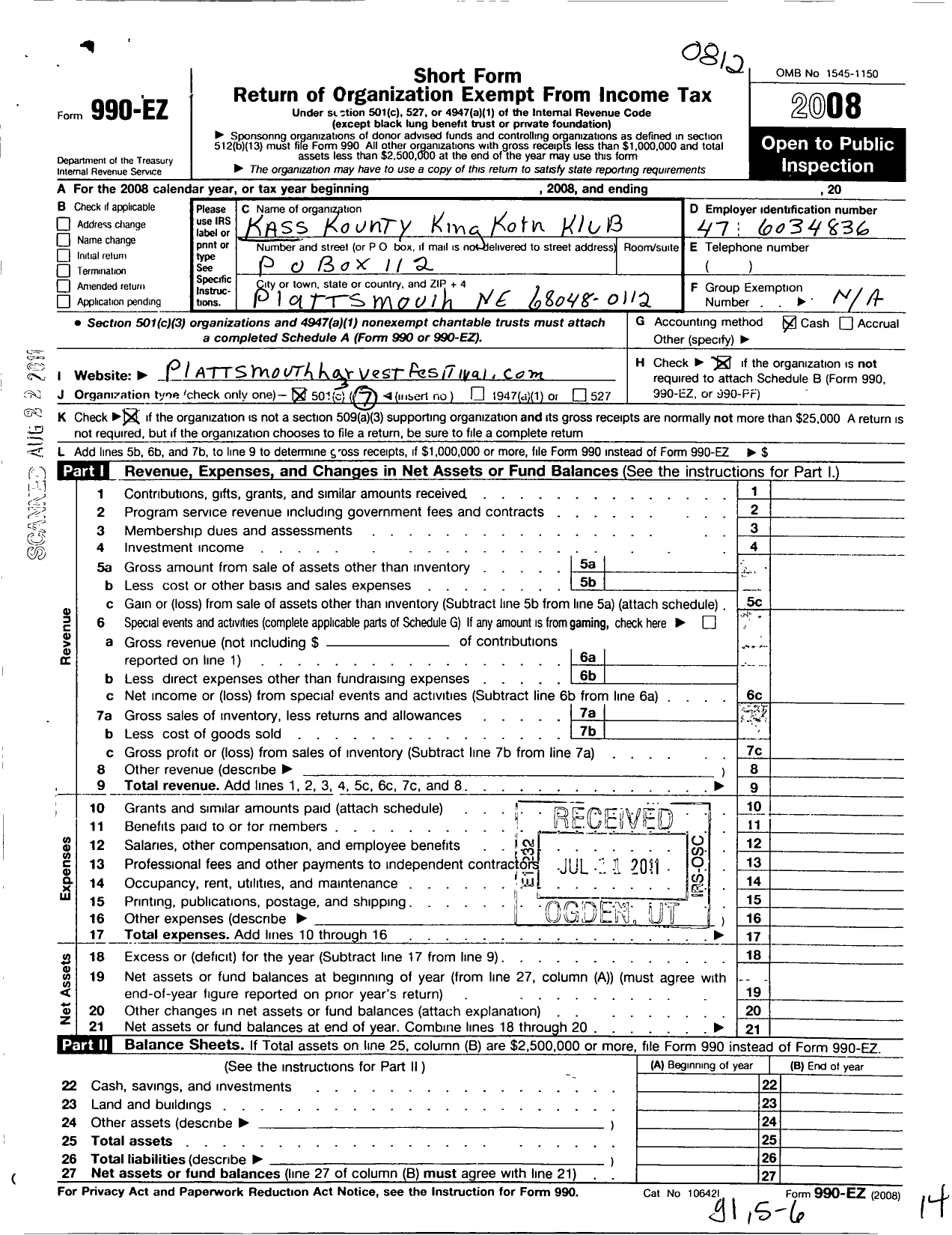 Image of first page of 2008 Form 990EZ for Plattsmouth Harvest Festival Club