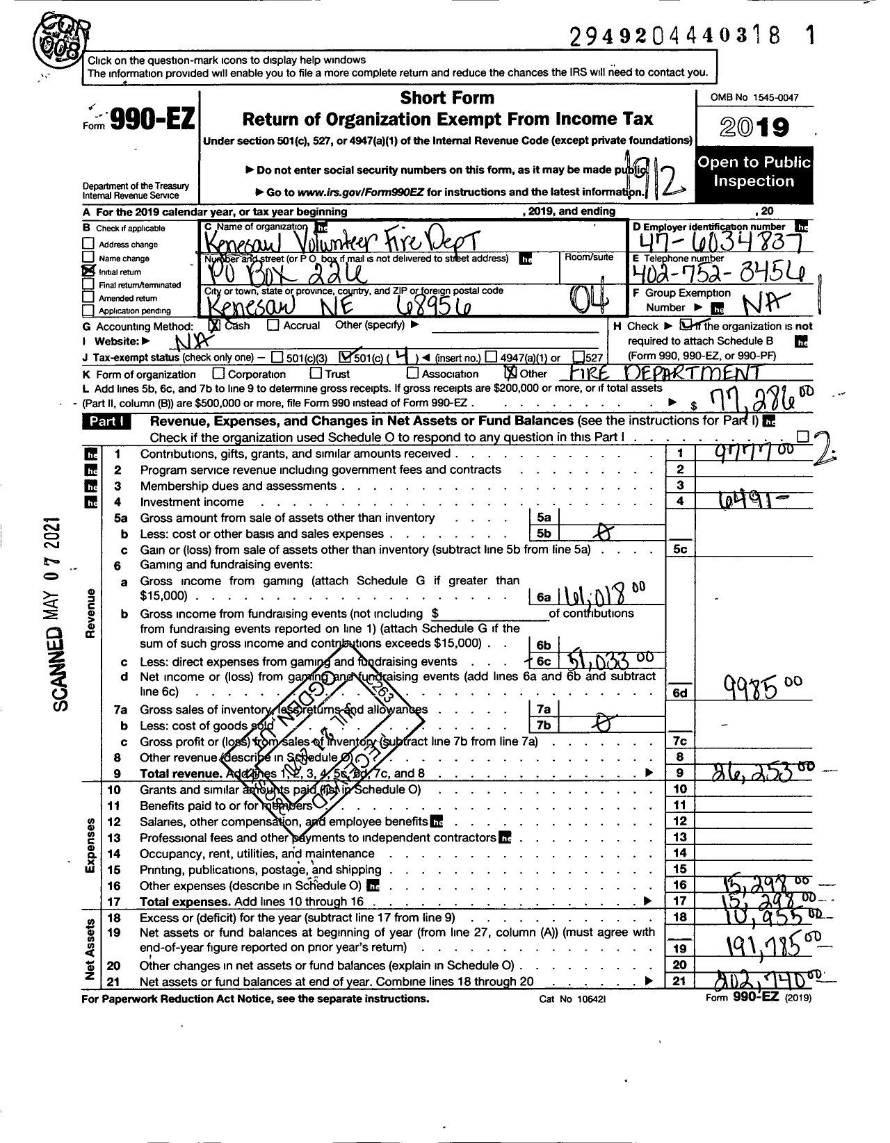 Image of first page of 2019 Form 990EO for Kenesaw Volunteer Fire Dept