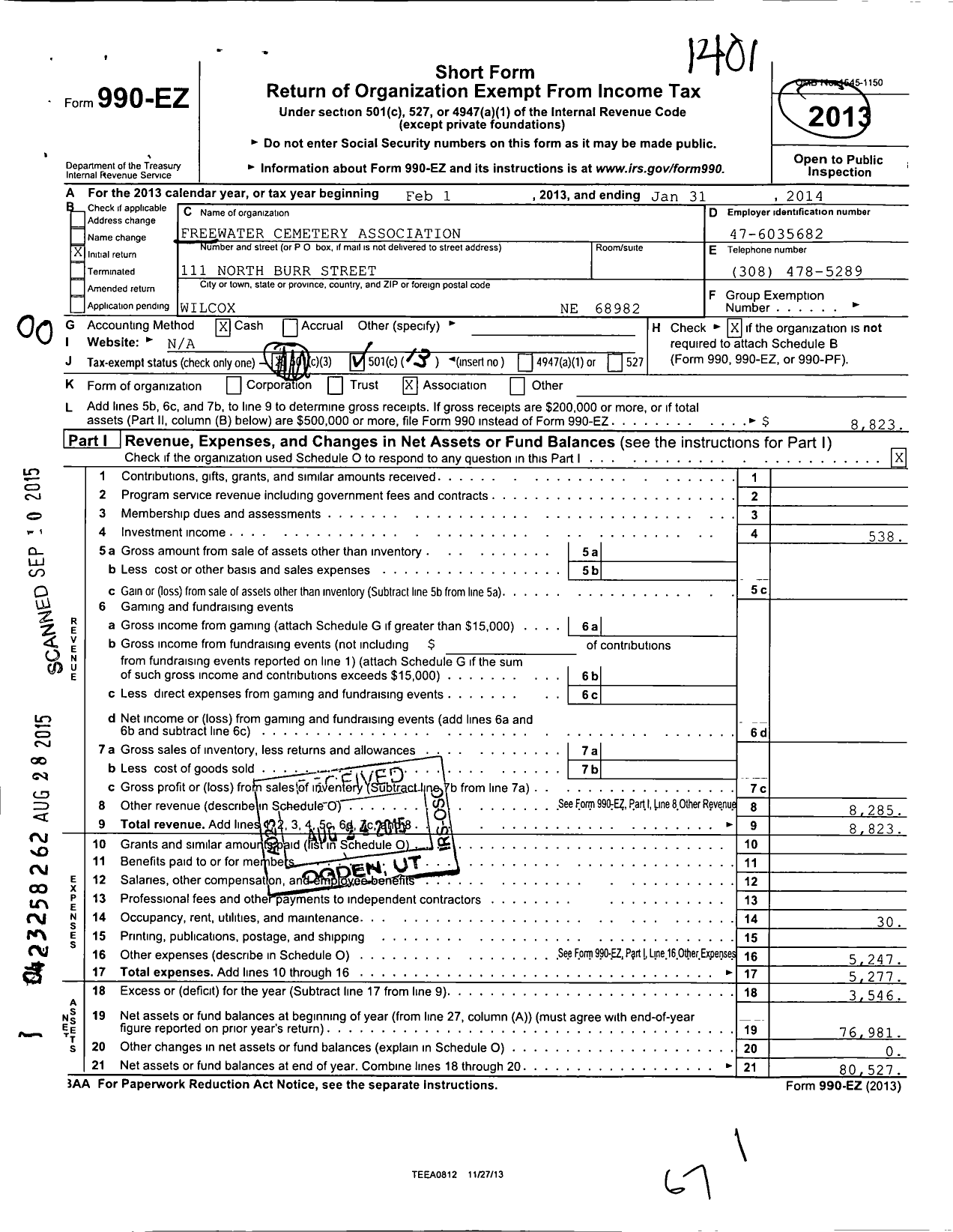 Image of first page of 2013 Form 990EO for Freewater Cemetery