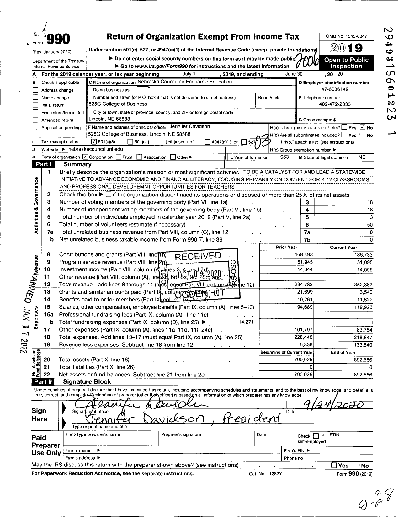 Image of first page of 2019 Form 990 for Nebraska Council on Economic Education