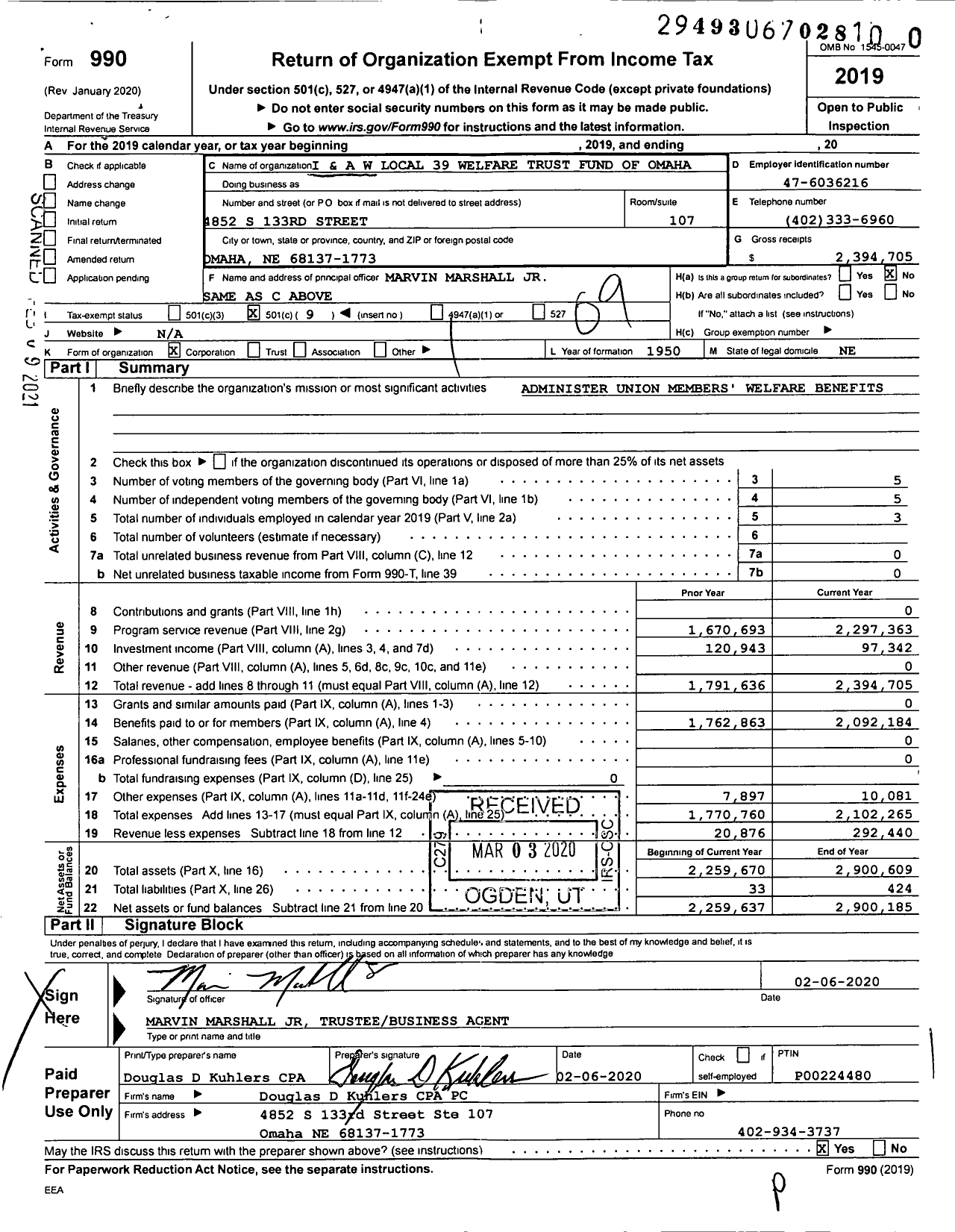 Image of first page of 2019 Form 990O for I&aw Local 39 Welfare Trust Fund of Omaha